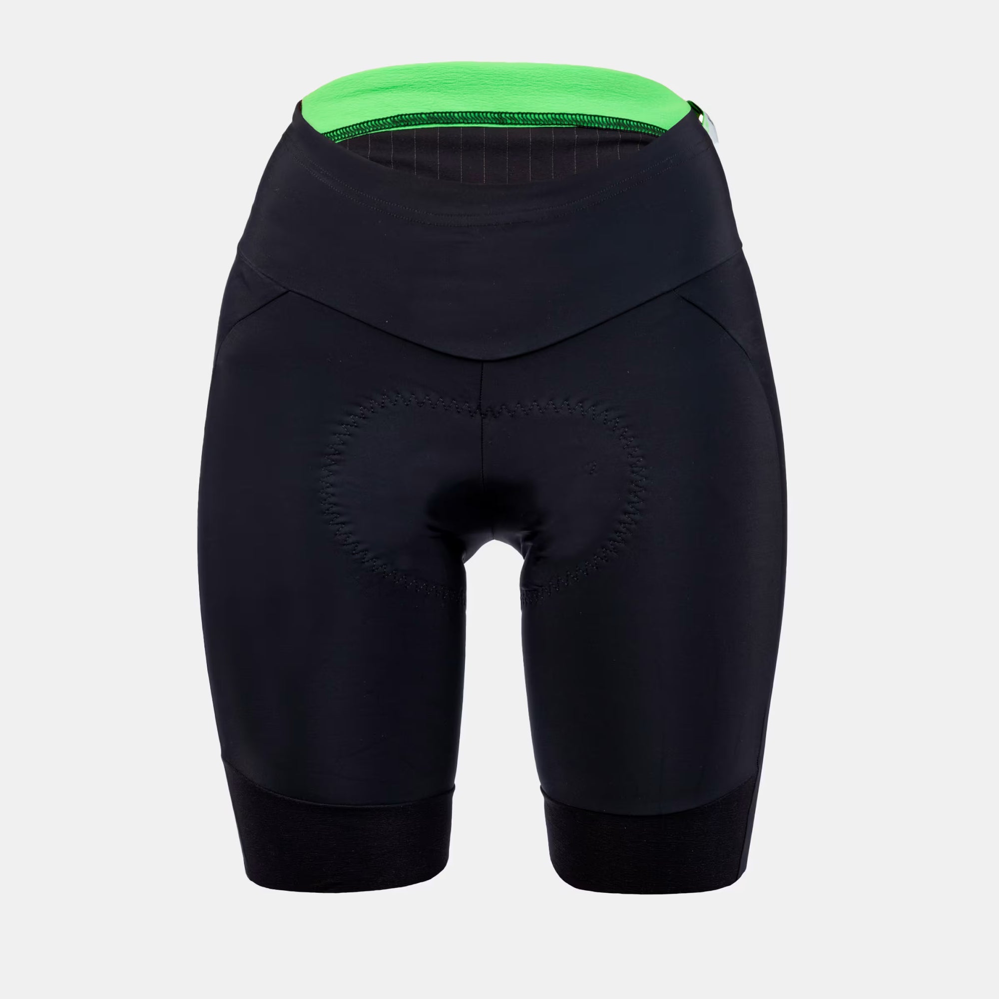 Q36.5 Gregarius Essential Half Shorts - Women's - Black front view with padded seat and wide waistband for cycling comfort