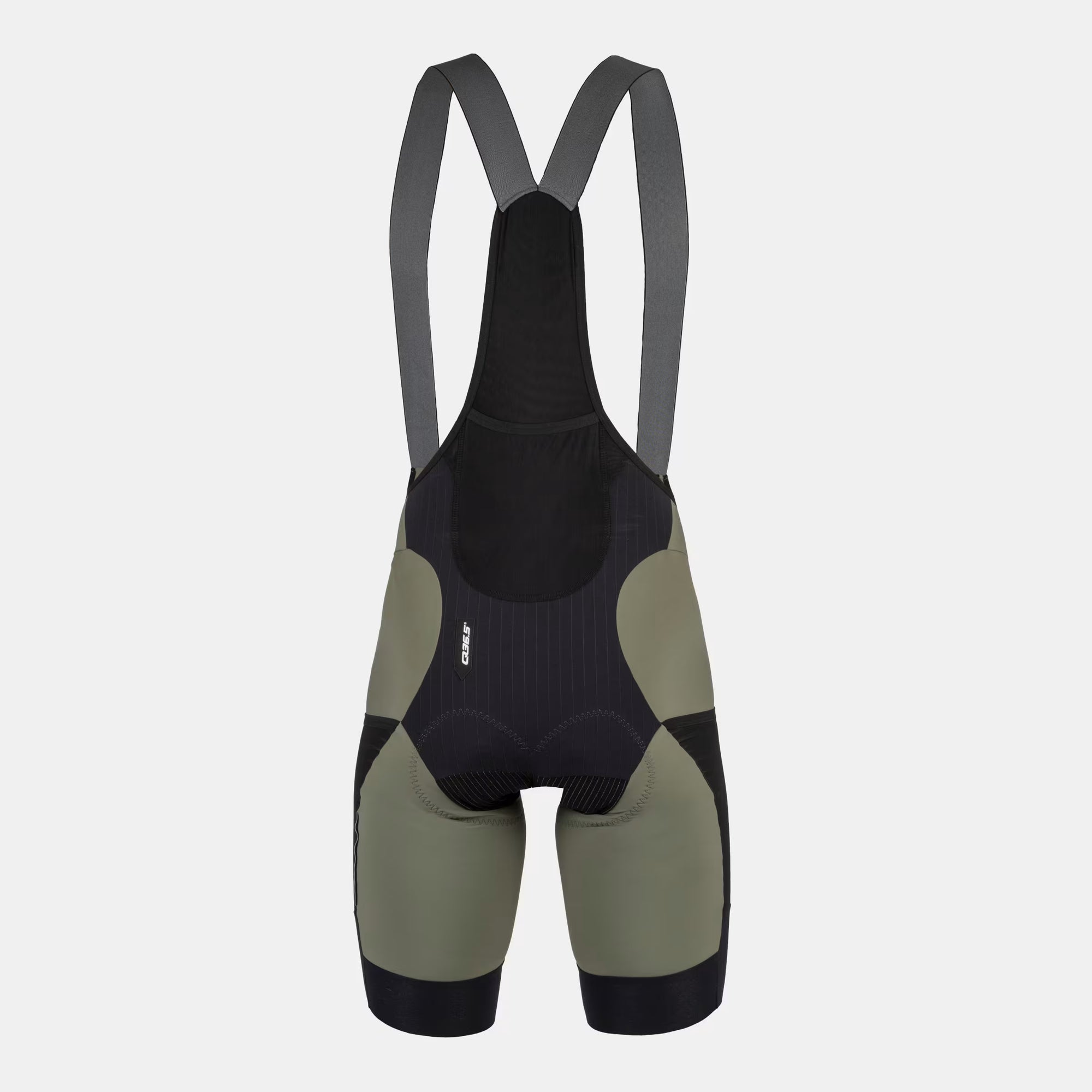 Q36.5 Adventure Cargo Bib Shorts - Men's - Olive Green showing back mesh panel and ergonomic fit with suspenders