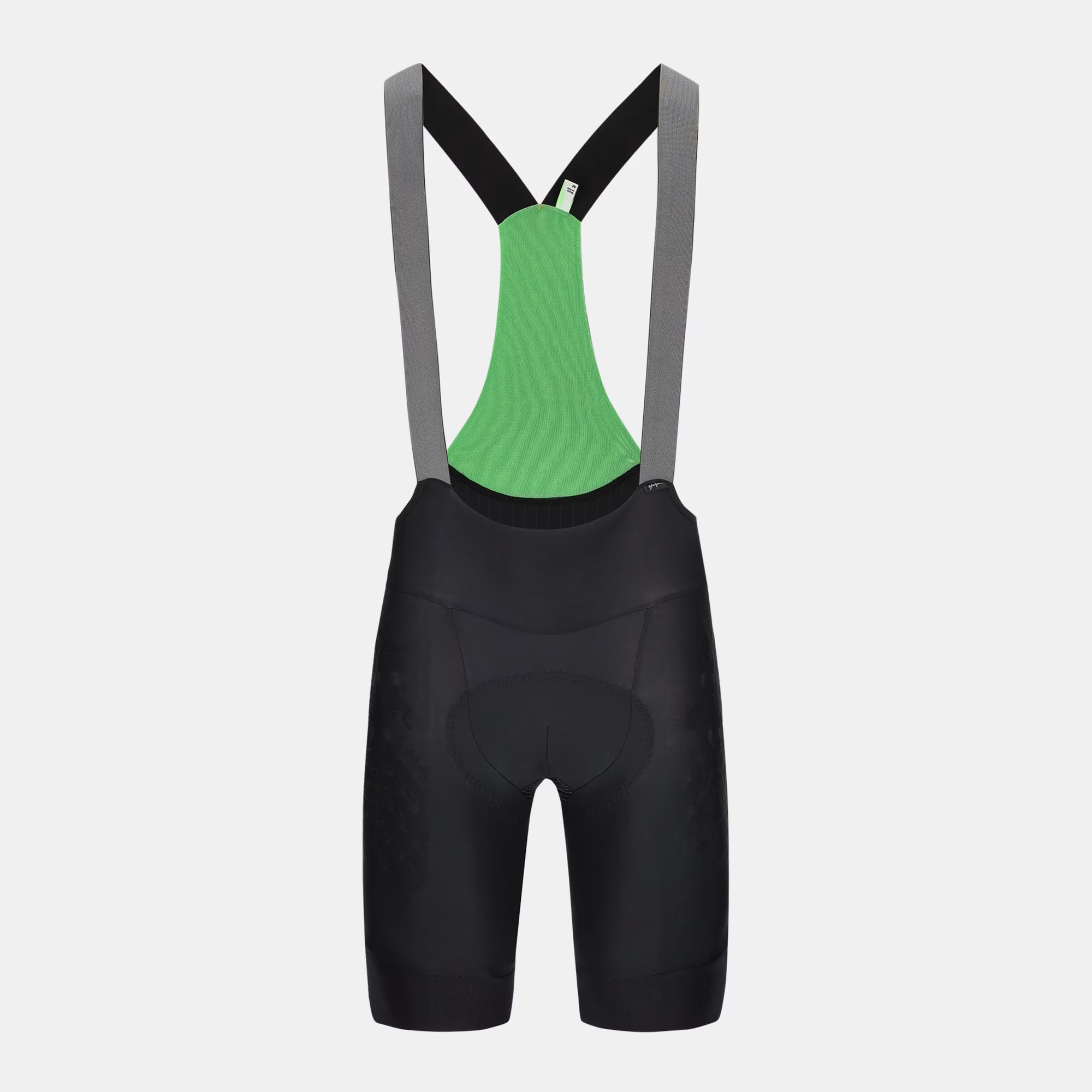 Q36.5 Gregarius Grid Skin Bib Shorts - Men's - Black showing back view with green mesh and supportive straps