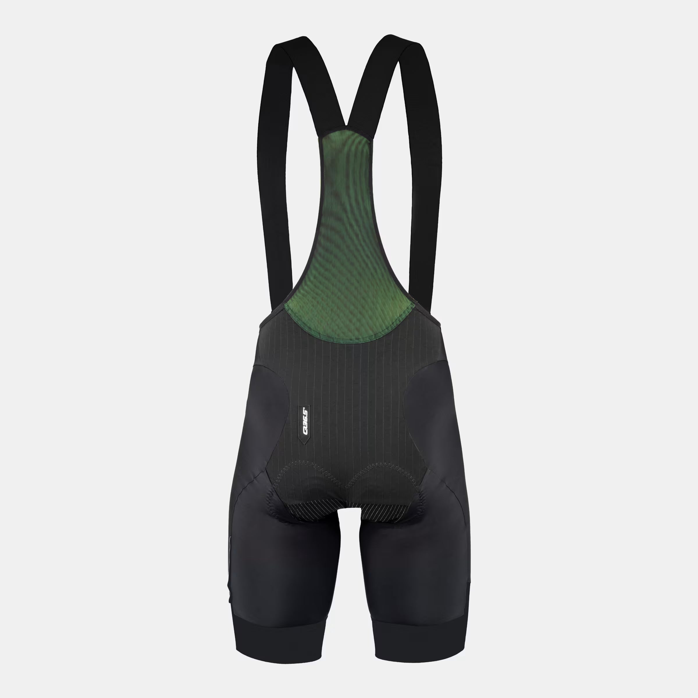 Q36.5 Gregarius Pro Bib Shorts Mod24 - Men's - Black shown from back with green mesh upper and padded chamois design