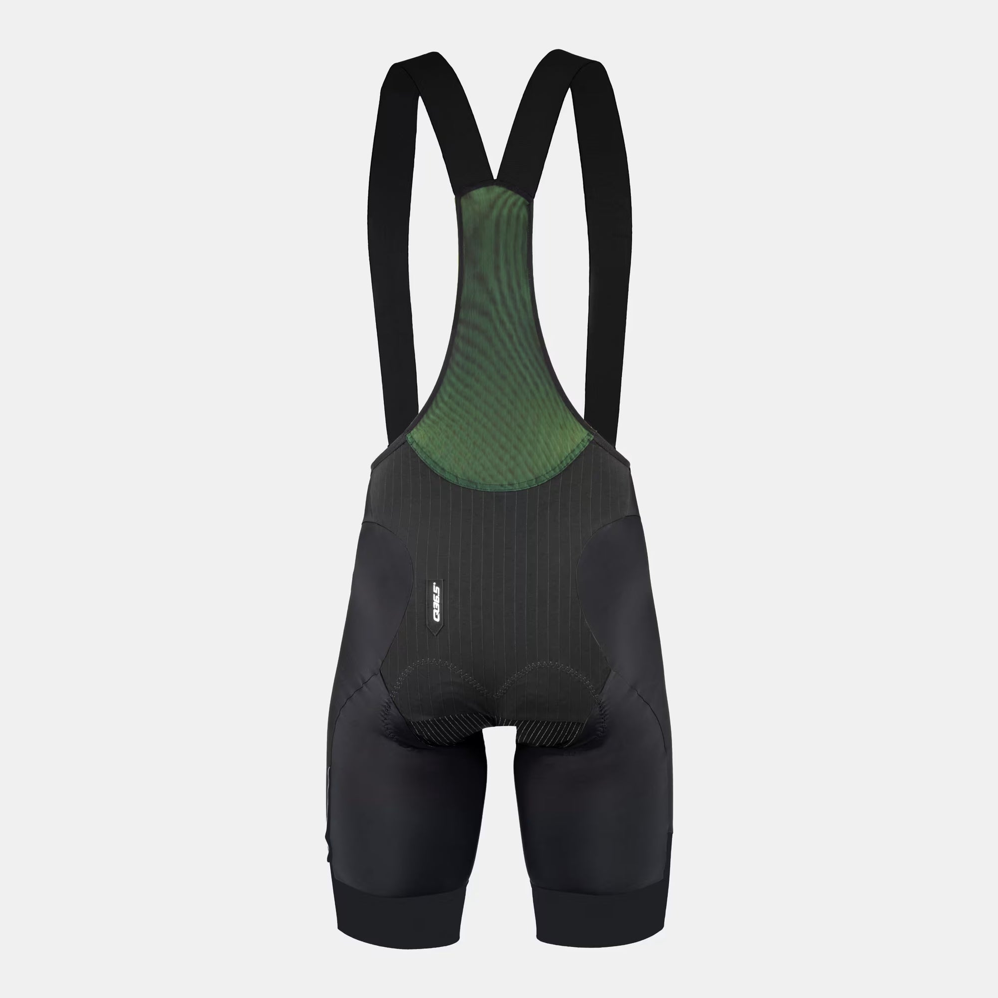 Q36.5 Gregarius Pro Bib Shorts Mod24 - Men's - Black shown from back with green mesh upper and padded chamois design