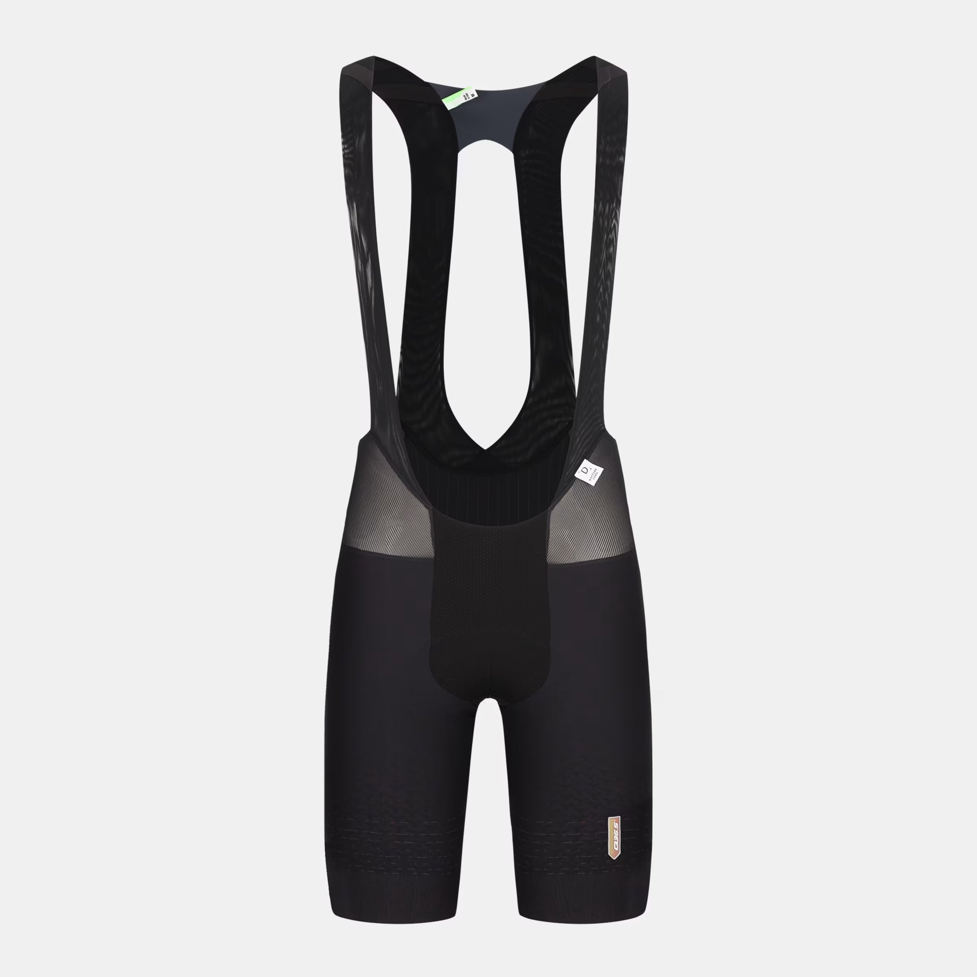 Q36.5 Dottore Clima Extra Long Leg Bib Shorts - Men's - Black front view showing mesh straps and extended leg length