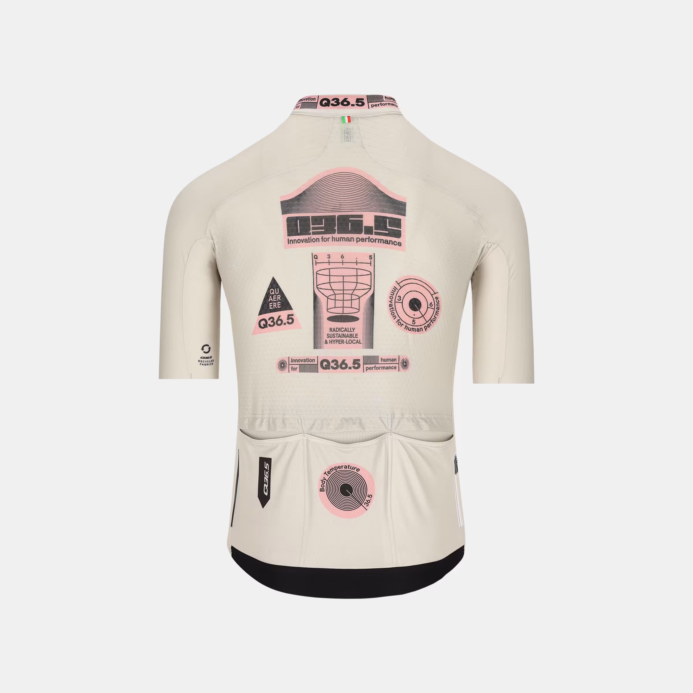 Back view of Q36.5 Gregarius Pro Retrofuture Jersey - Men's - Retrofuture with graphic print and three rear pockets