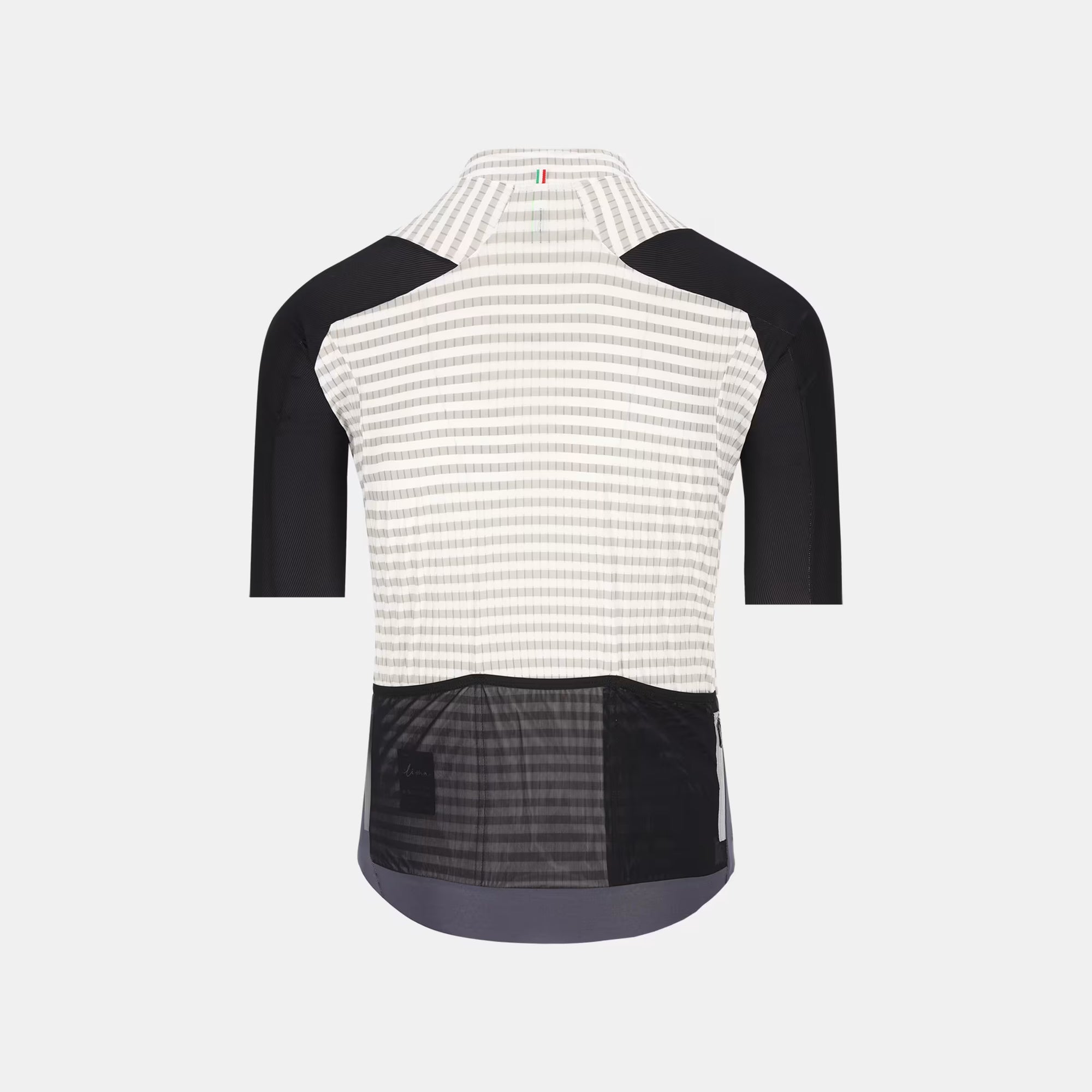 Back view of Q36.5 Dottore Clima Jersey - Men's - White with black sleeves and mesh lower back pockets for ventilation