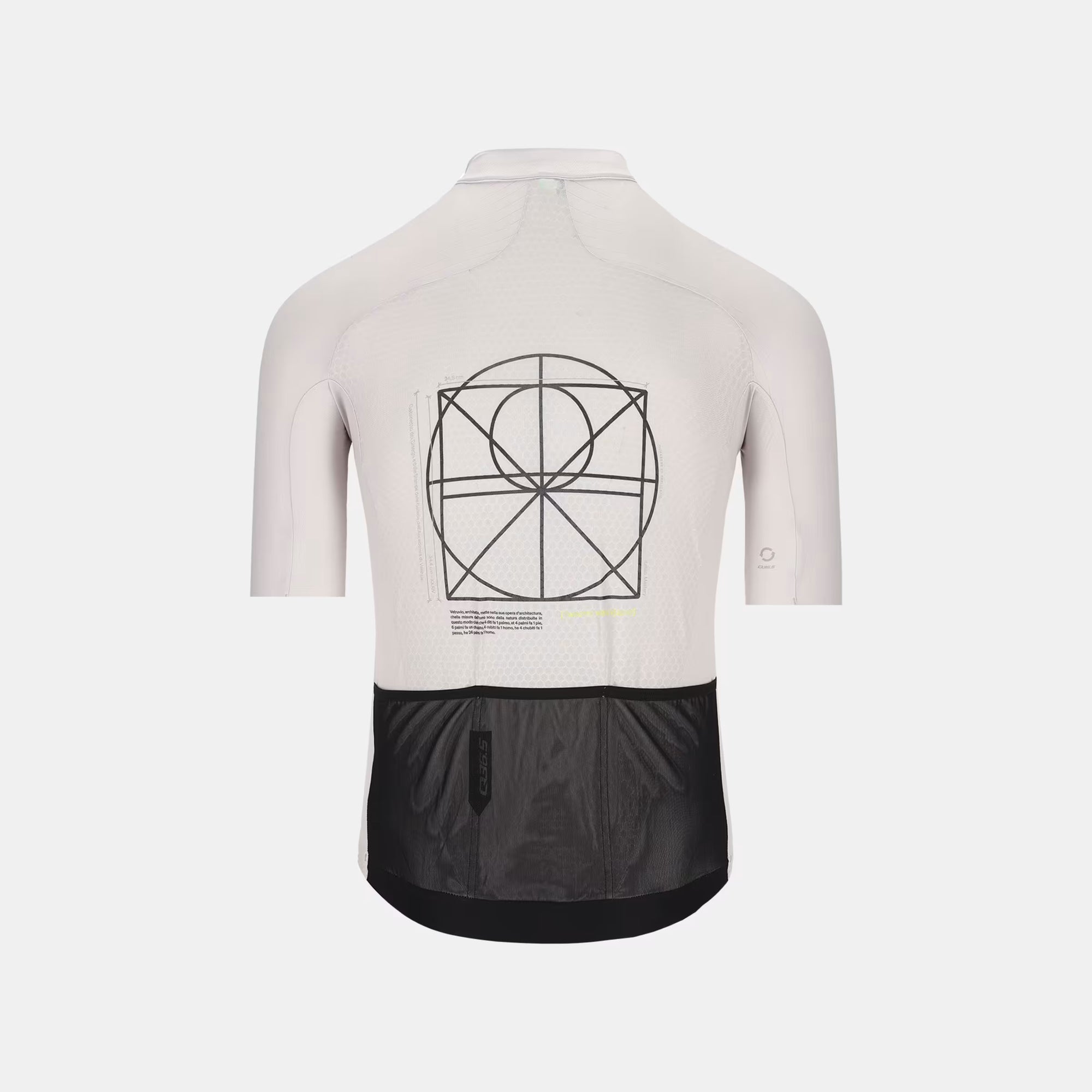 Back view of Q36.5 Gregarius Clima Vitruvian Jersey - Men's - Grey with geometric design and black rear pockets