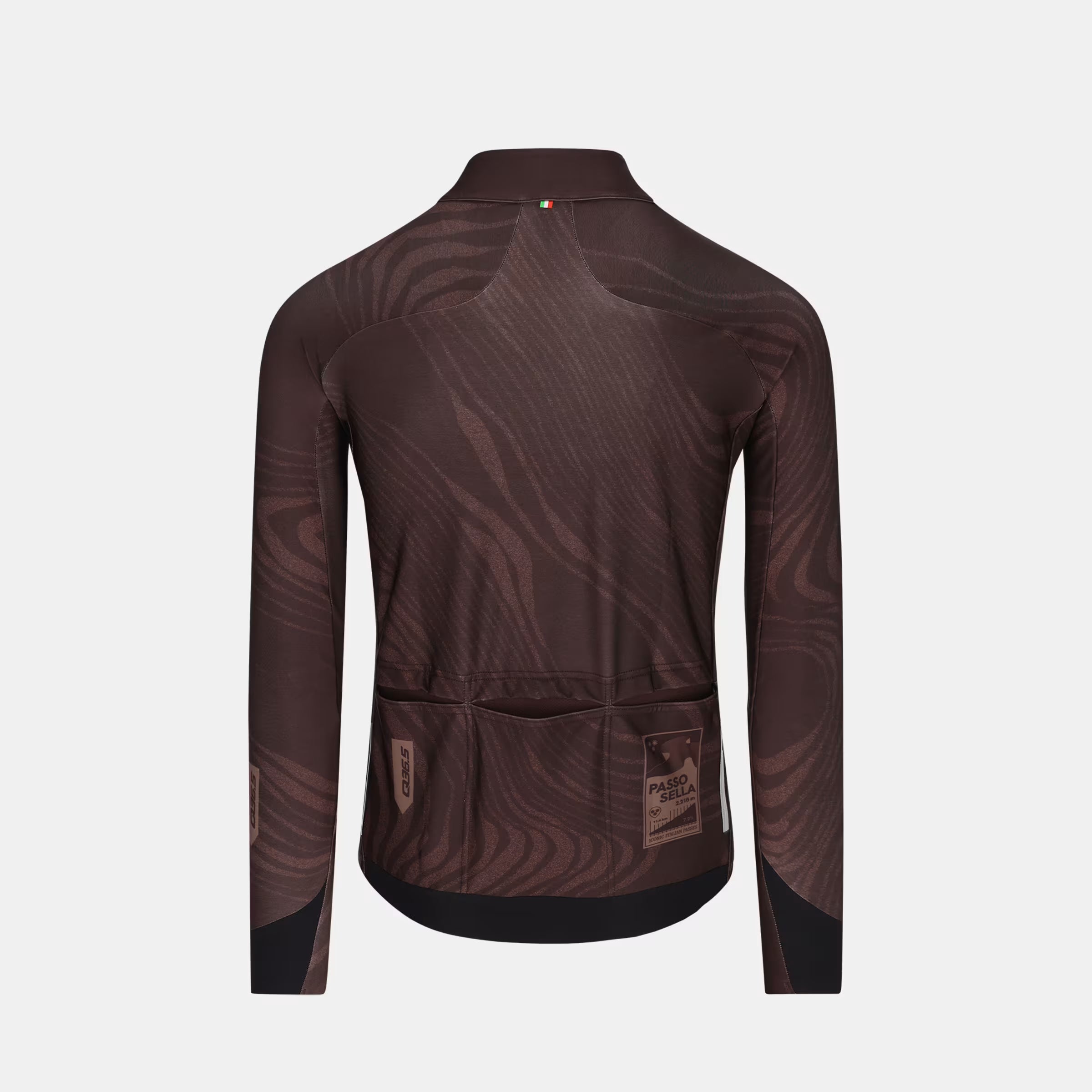 Back view of Q36.5 Gregarius Hybrid Dolomites Long Sleeve Jersey - Men's - Coffee Brown with rear pockets and subtle pattern detail