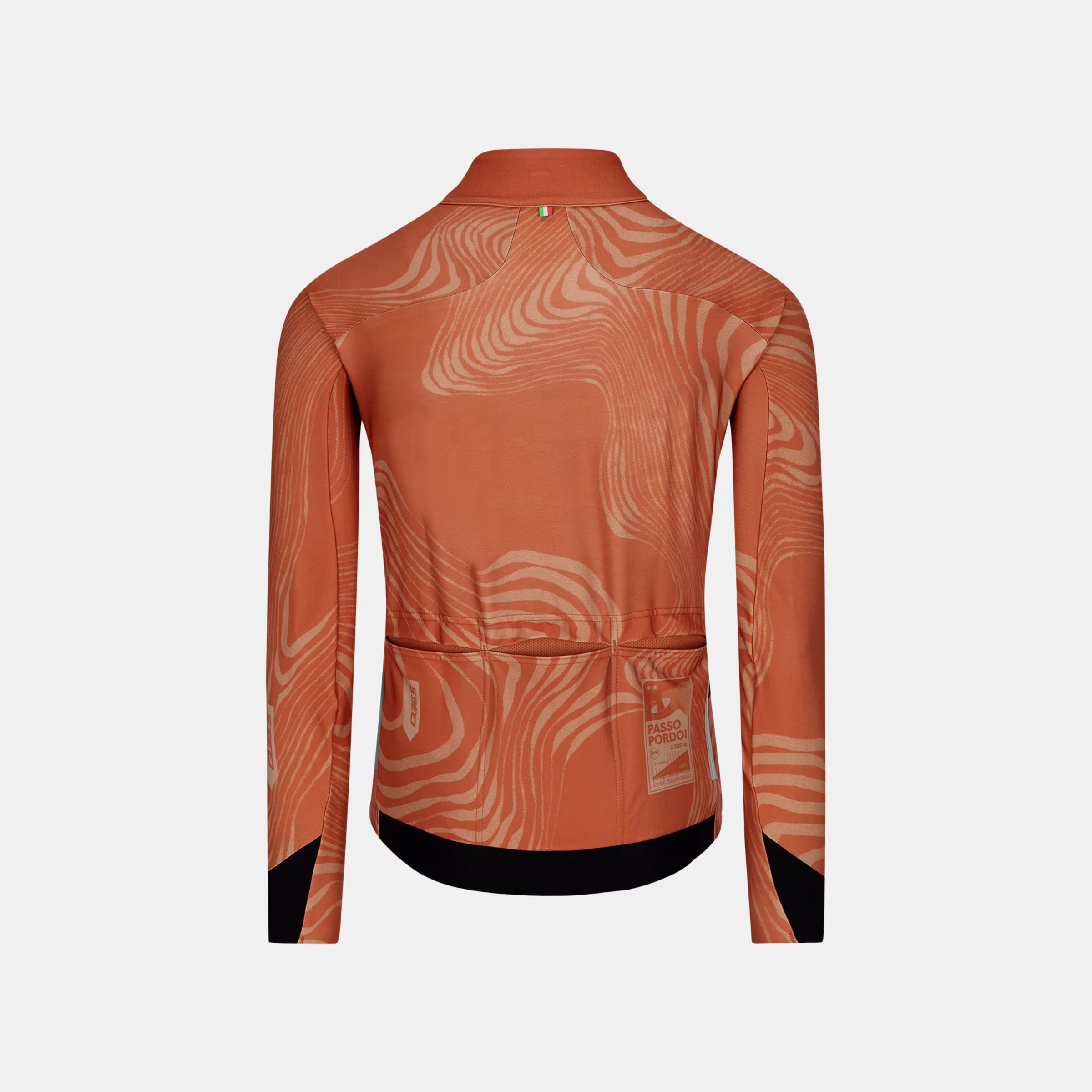 Back view of Q36.5 Gregarius Hybrid Dolomites Long Sleeve Jersey - Women's - Rust Red showing pattern and rear pockets
