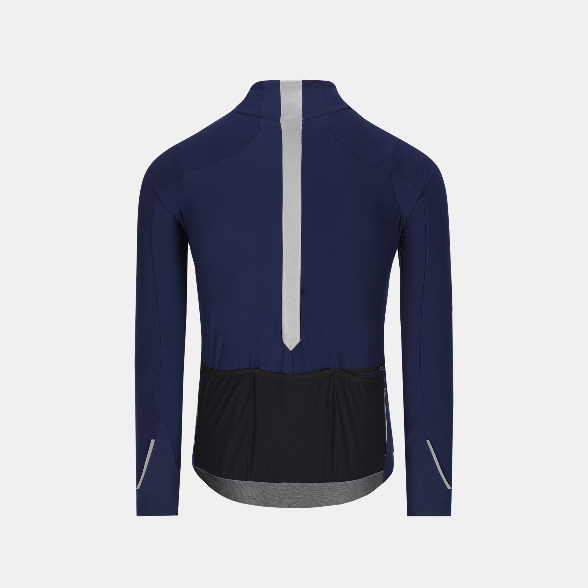Back view of Q36.5 Dottore Woolf Long Sleeve Jersey - Unisex - Navy Blue with reflective strip and rear pockets
