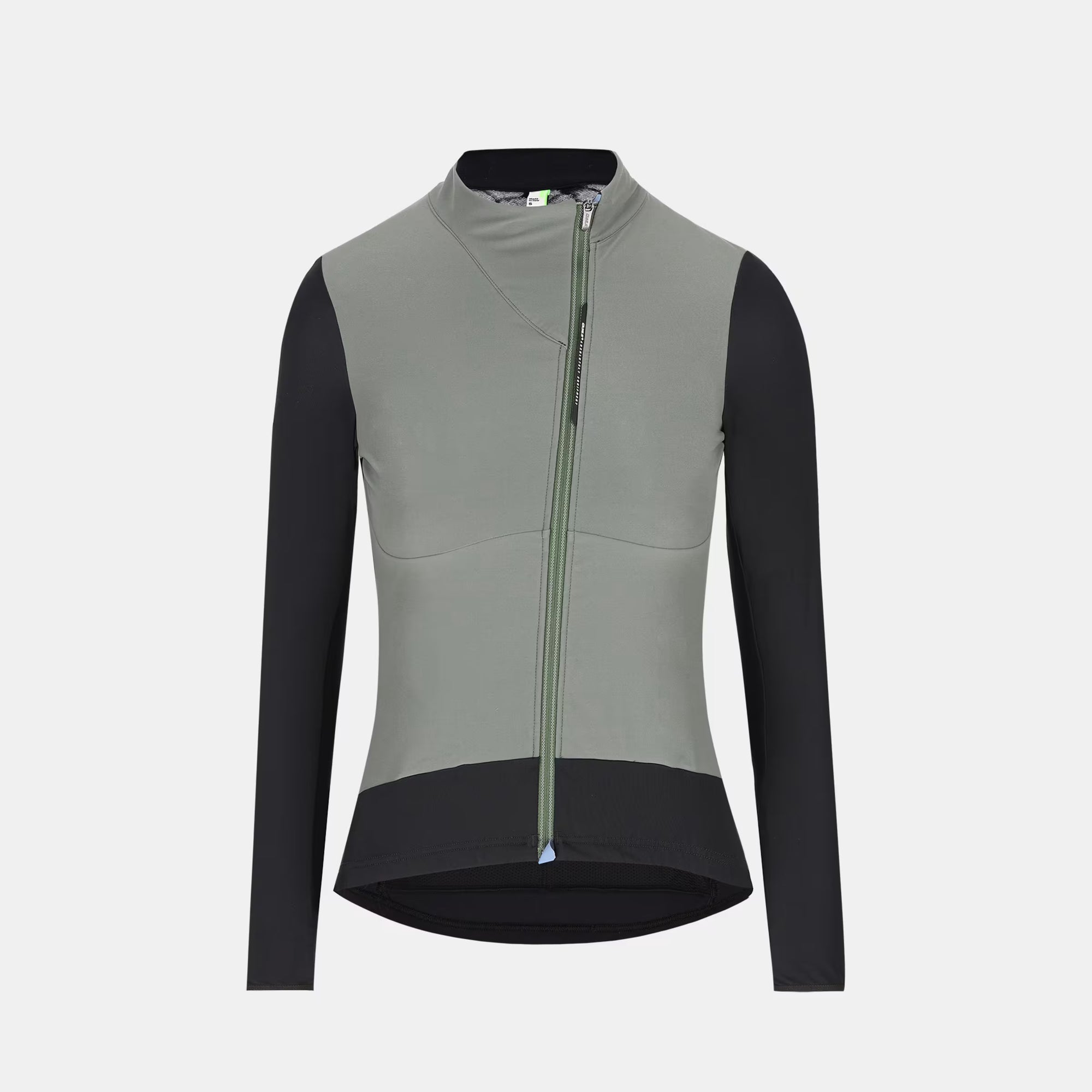 Q36.5 Dottore Hybrid Jacket - Women's - Olive Green front view with asymmetrical zipper and black sleeves for cycling comfort