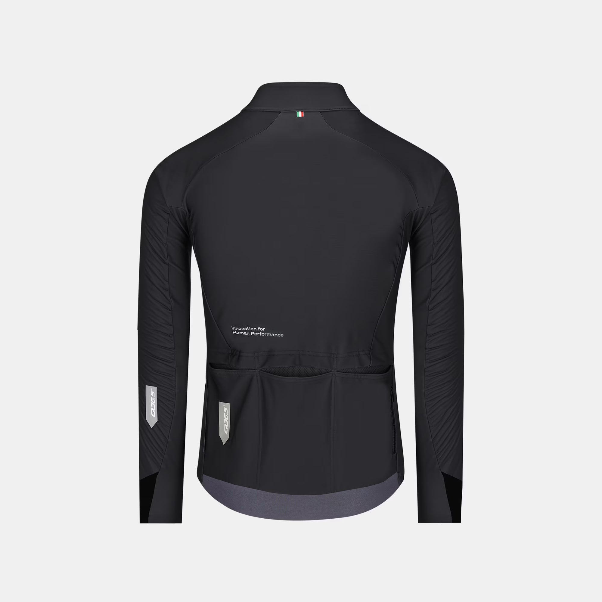 Back view of Q36.5 Gregarius Winter Jacket - Unisex - Black showing sleek design and rear pockets for cycling storage