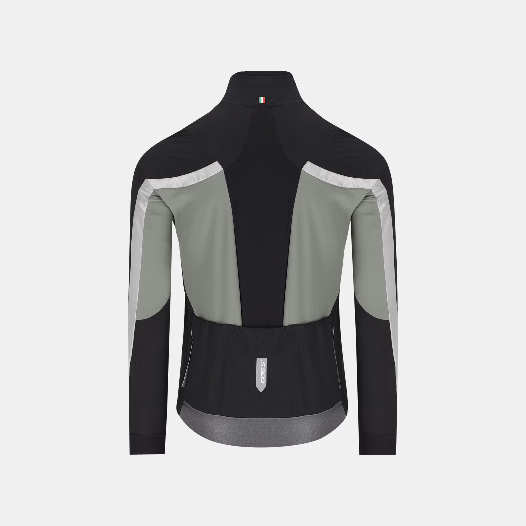 Back view of Q36.5 Dottore Termico Jacket - Unisex - Olive Green with reflective details and rear pockets for cycling storage