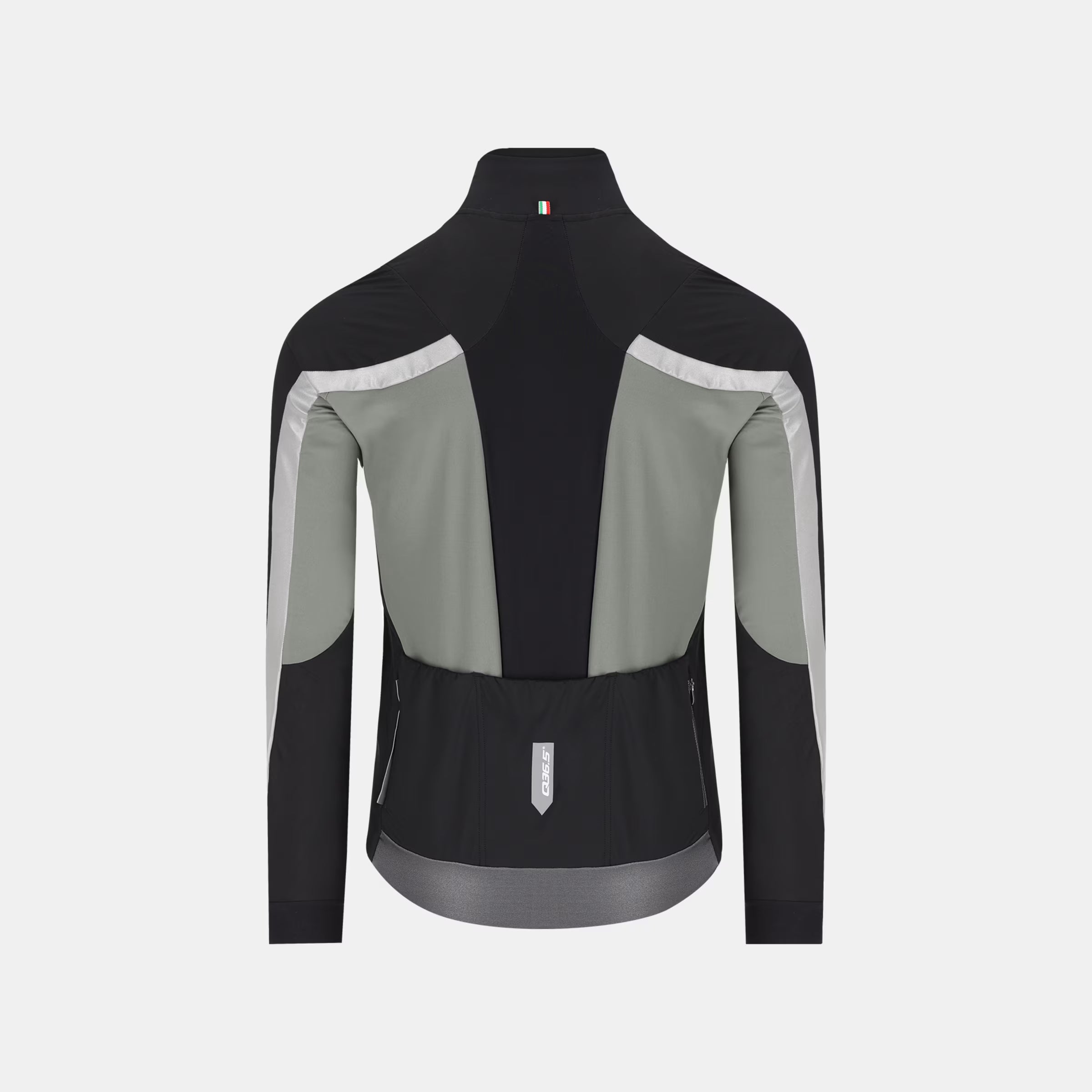 Back view of Q36.5 Dottore Termico Jacket - Unisex - Olive Green with reflective details and rear pockets for cycling storage