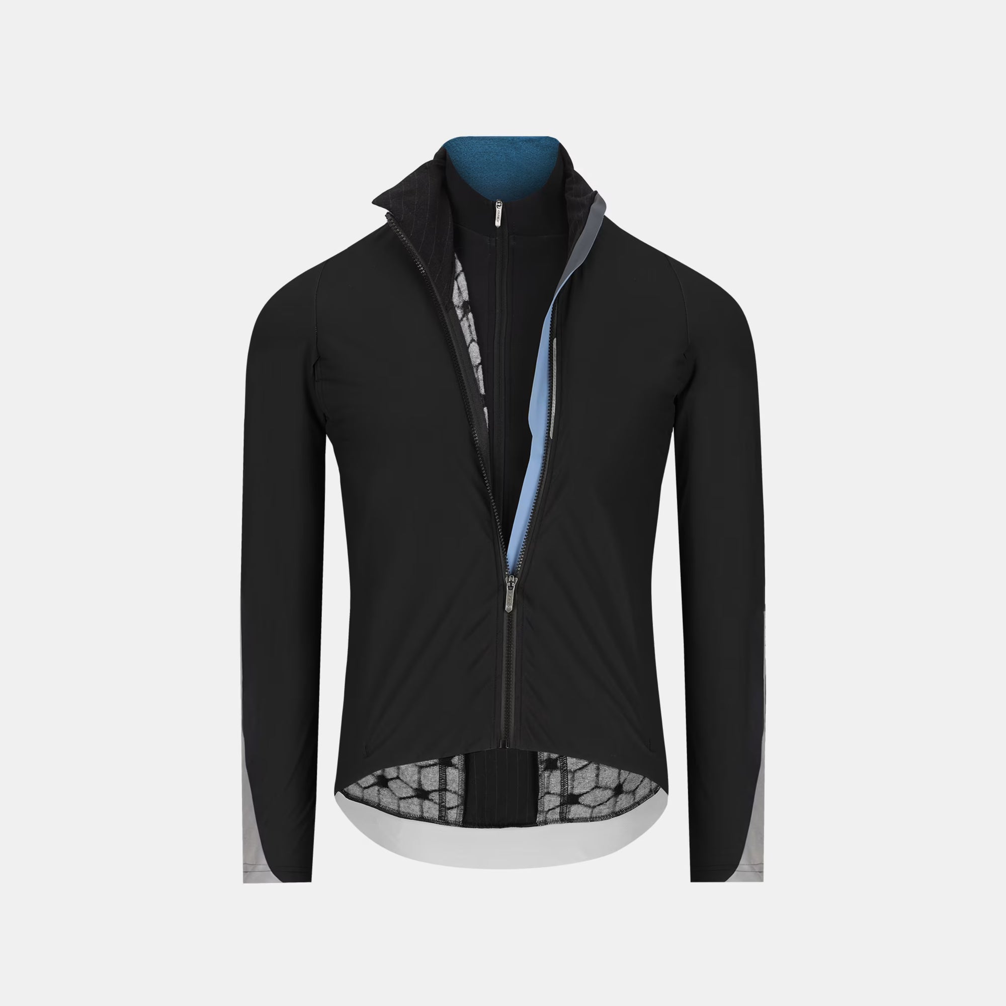 Q36.5 Dottore Termico Jacket - Unisex - Black showing front open zipper and inner hexagonal pattern lining