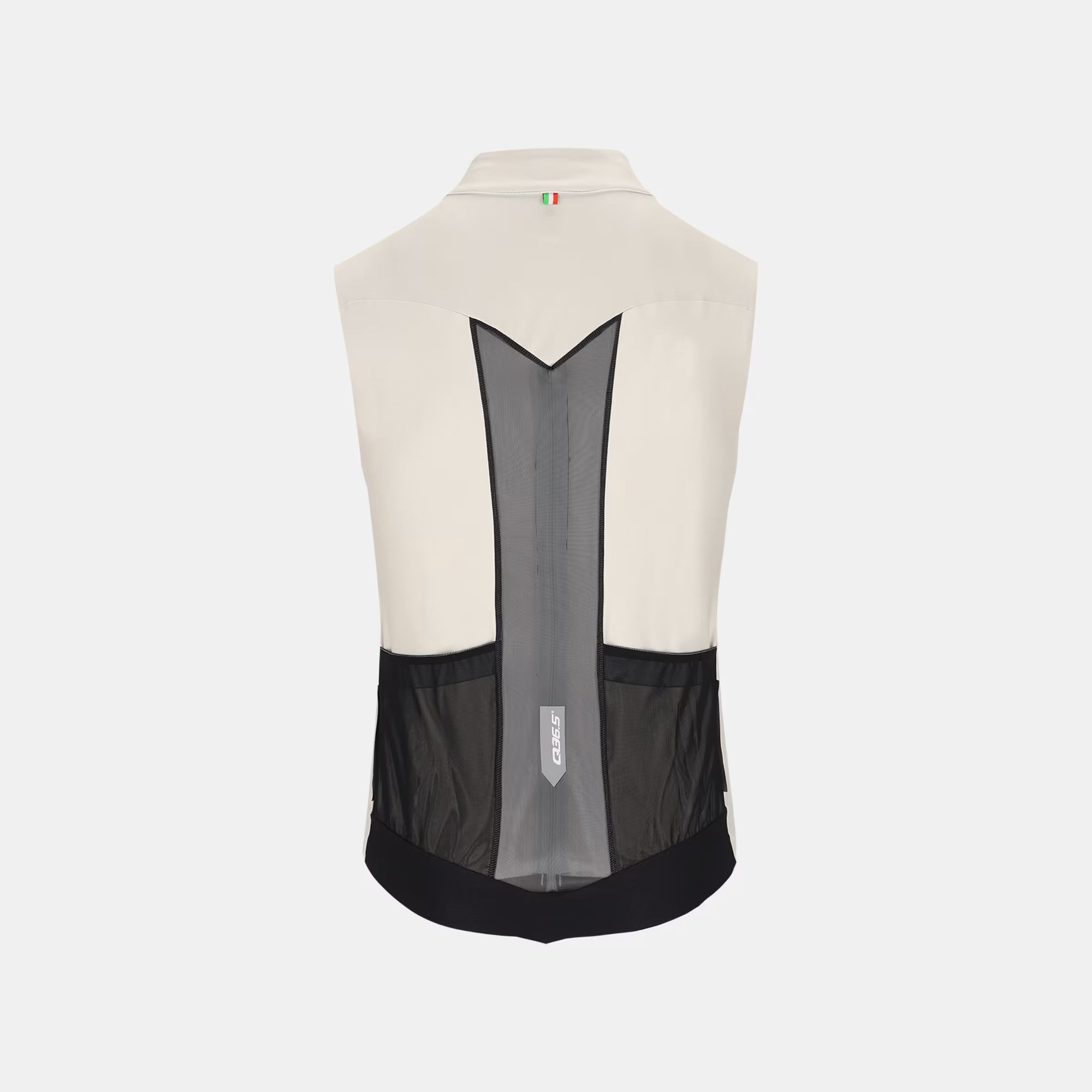 Back view of Q36.5 Gregarius Hybrid Vest - Unisex - Silver Grey showing mesh ventilation panels and tailored fit