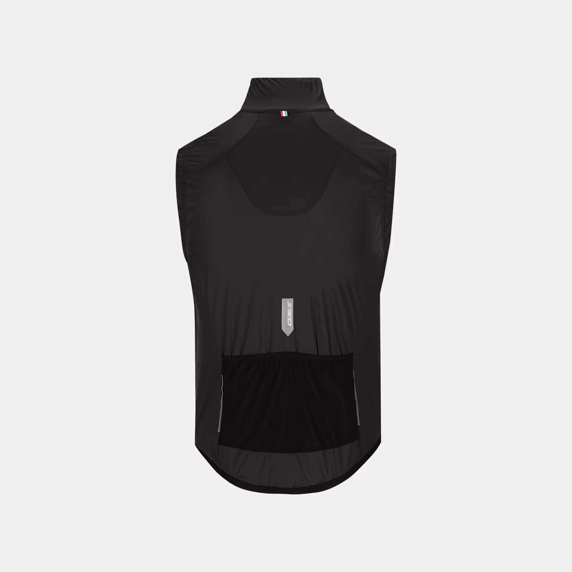 Q36.5 Adventure Vest - Men's - Black shown front view with high collar and large front pocket on lightweight fabric