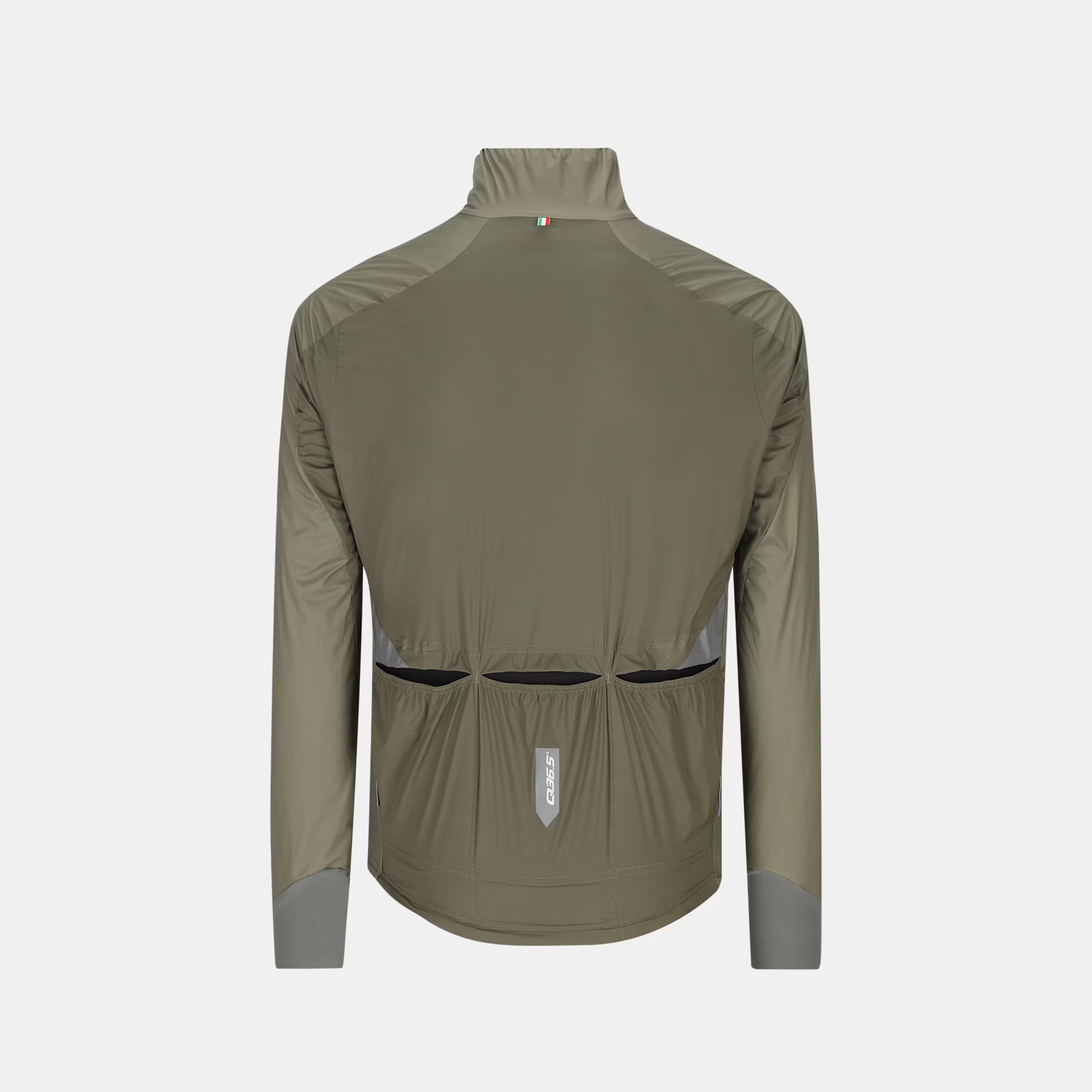Back view of Q36.5 Adventure Winter Jacket - Men's - Olive Green showing rear pockets and reflective detail