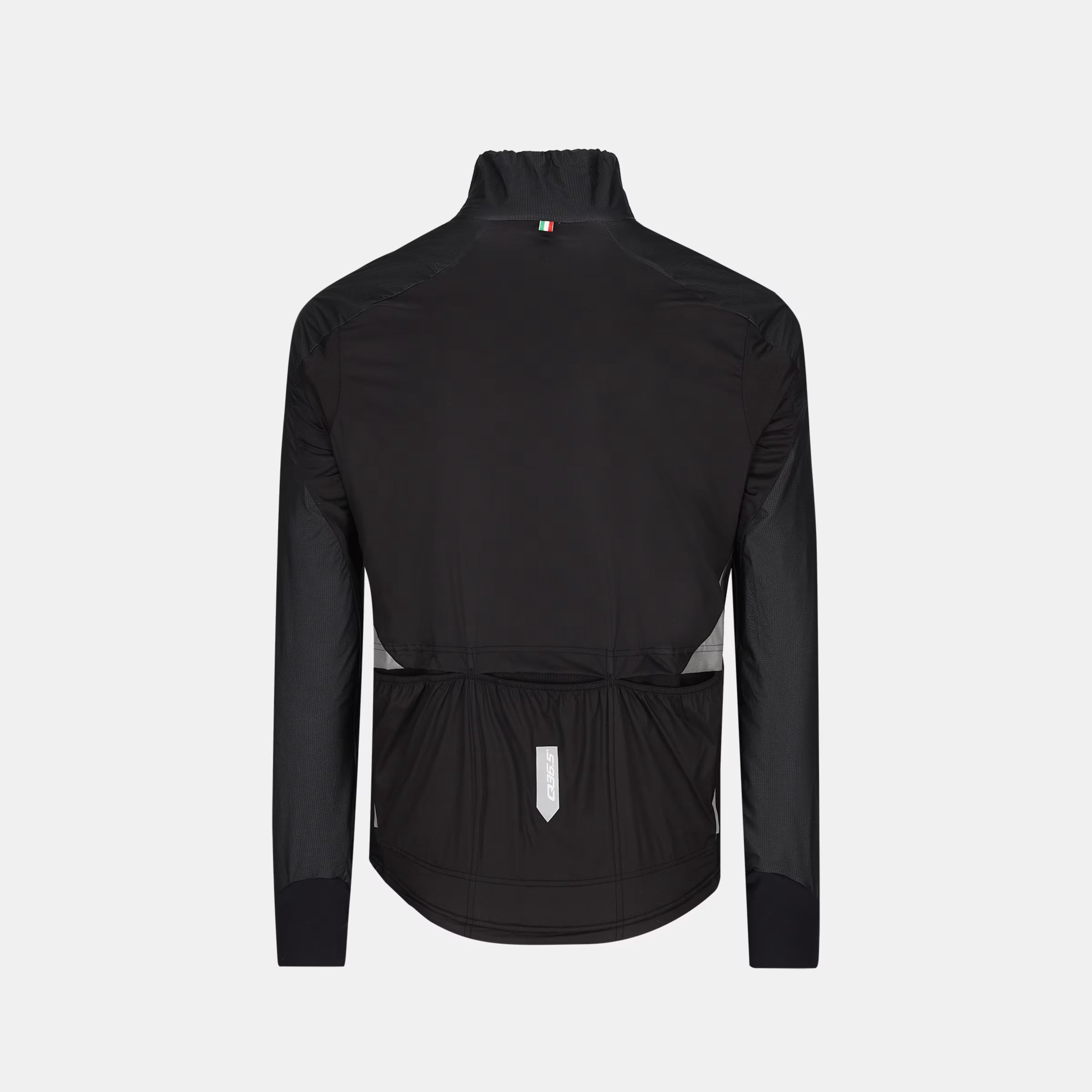 Back view of Q36.5 Adventure Winter Jacket - Men's - Black showing pockets and fitted cuffs for cycling warmth and protection