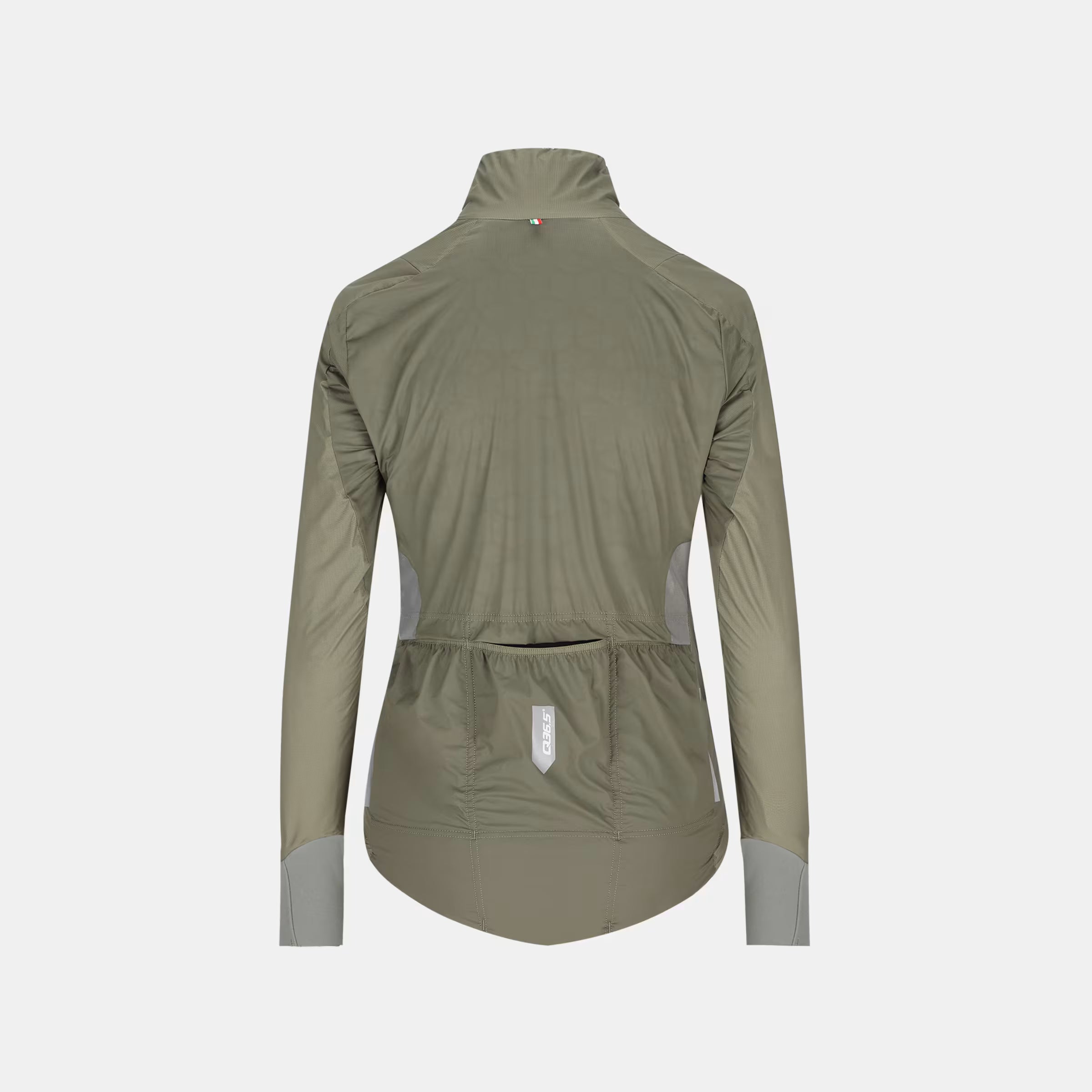 Q36.5 Adventure Winter Jacket - Women's - Olive Green shown from back with long sleeves and rear pockets for cycling storage