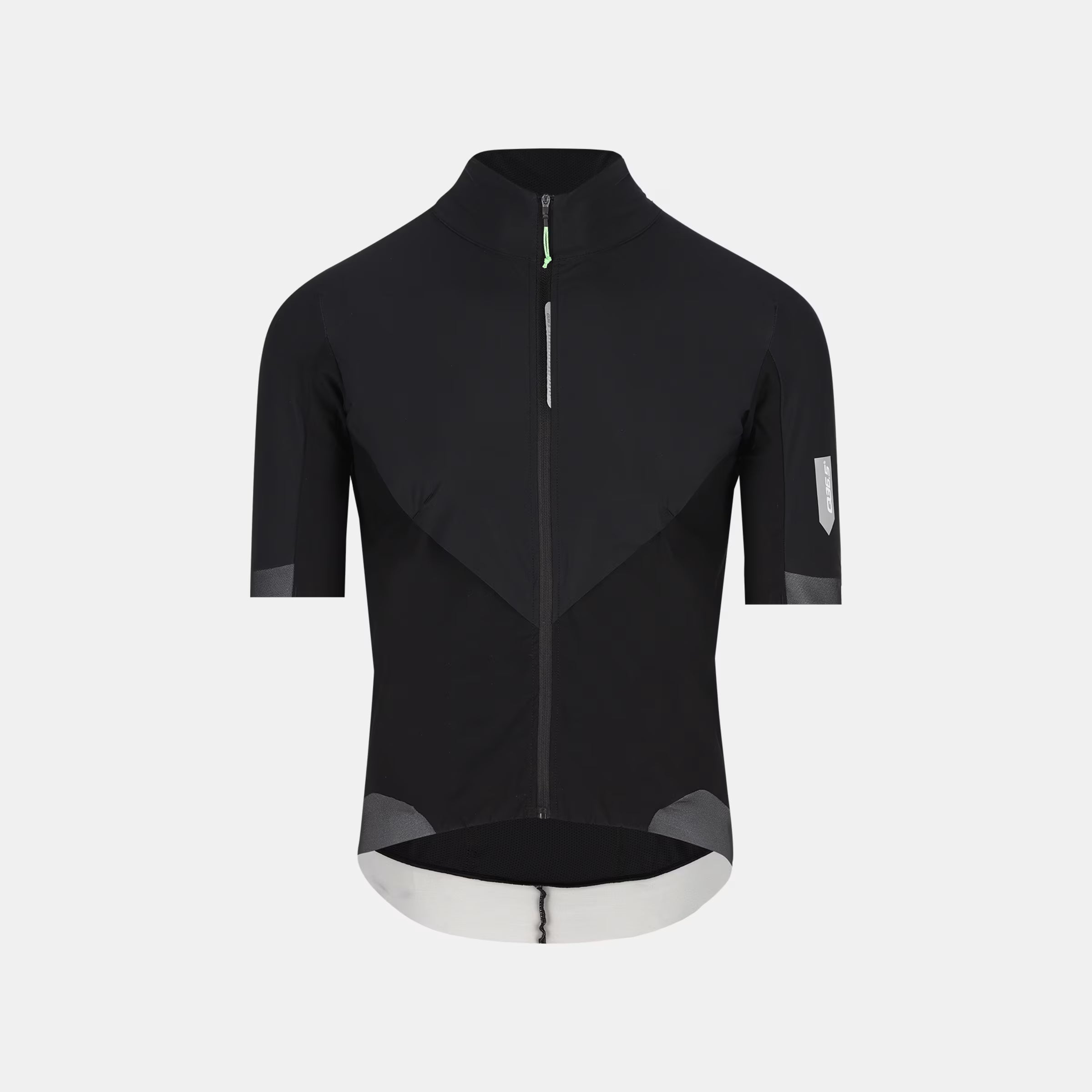 Q36.5 Bat Shell Jersey - Unisex - Black front view showing full zipper and reflective details on short sleeves and hem