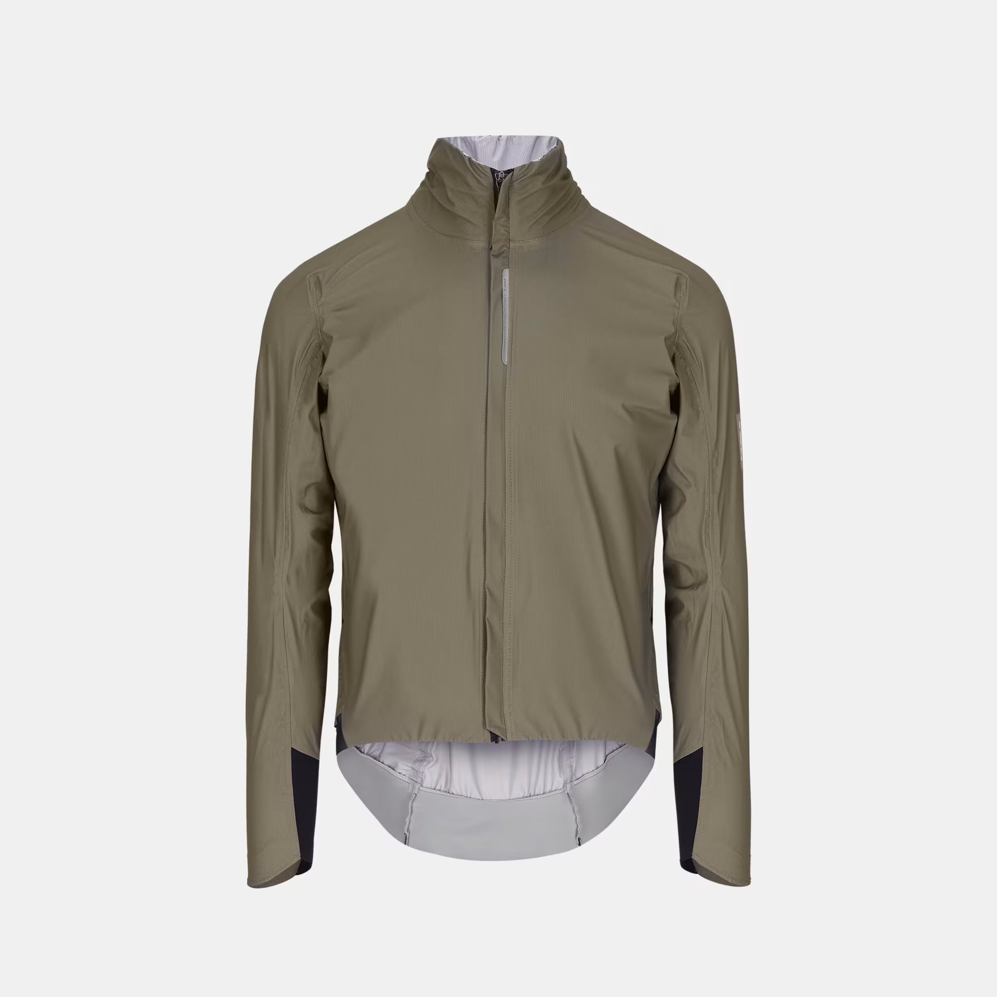 Q36.5 Rain Shell Jacket - Unisex - Olive Green front view with high collar and full zip closure against white background