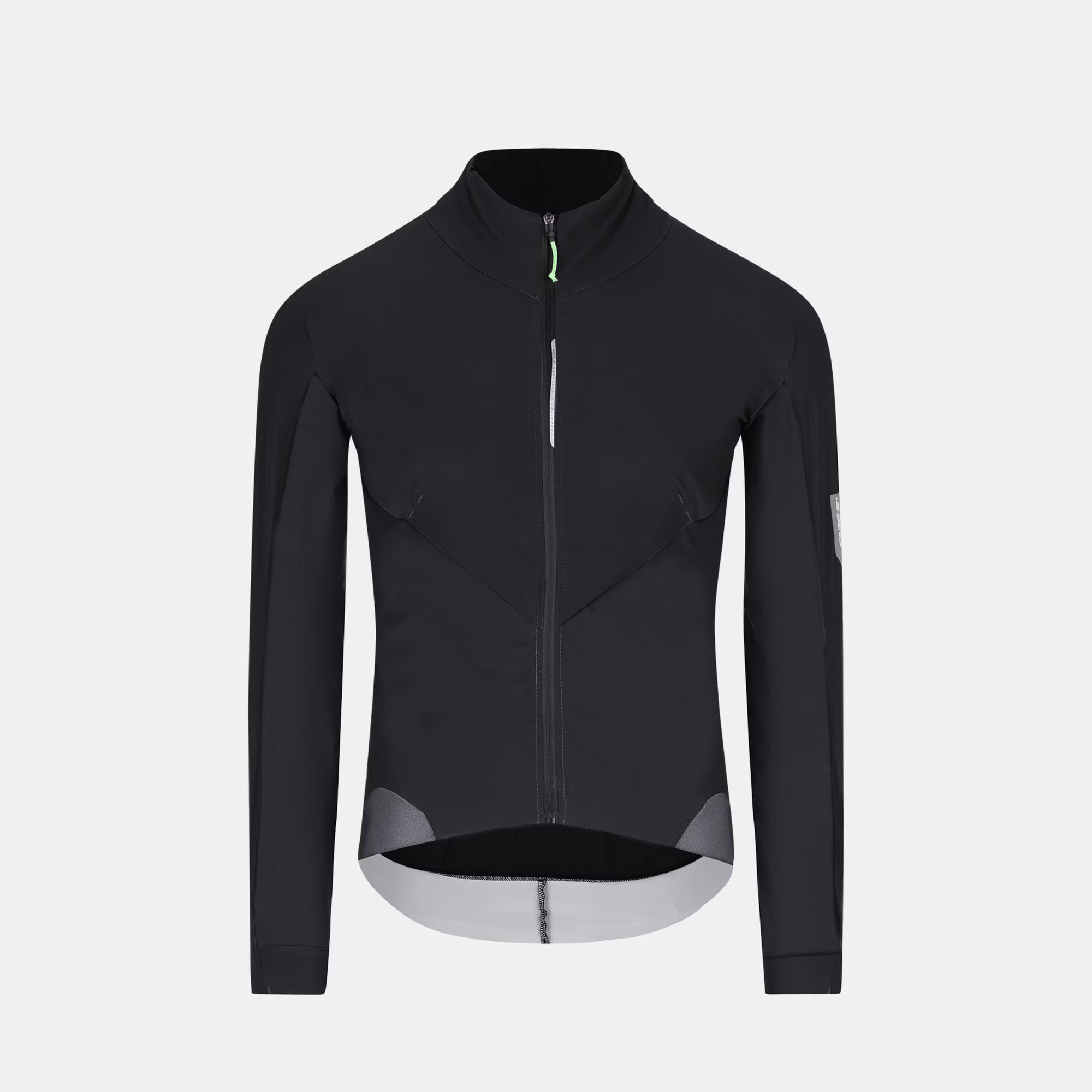 Q36.5 Bat Shell Long Sleeves Jersey - Unisex - Black front view with full zip and reflective details on sleeves and hem