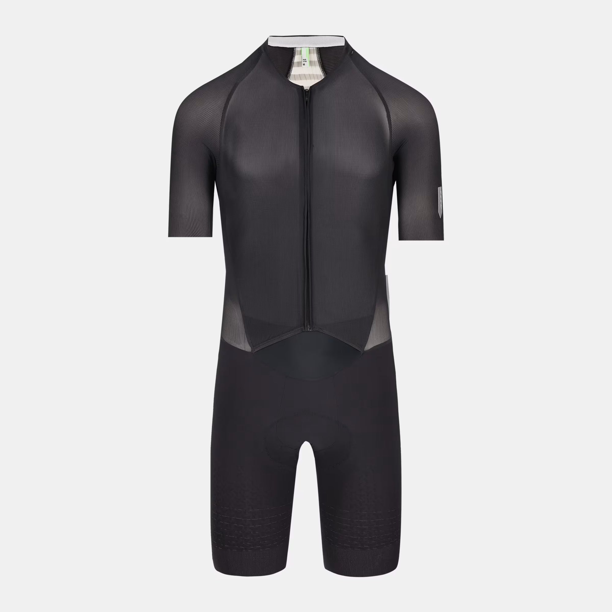 Q36.5 Dottore Clima Road Skinsuit - Black front view showing full zip and aerodynamic fit with short sleeves and integrated shorts