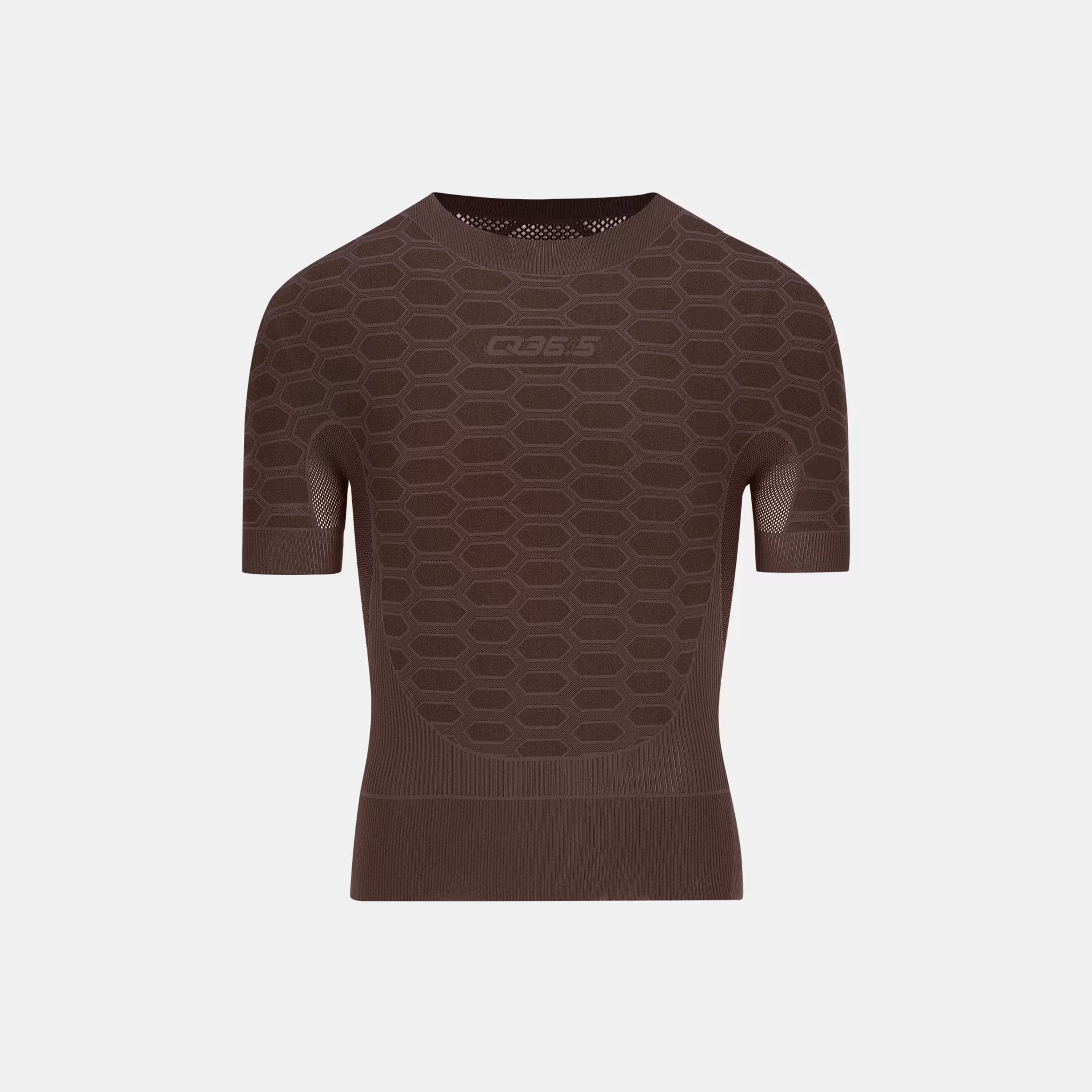 Q36.5 Base Layer 2 Short Sleeve - Brownie Brown shown front view with textured honeycomb pattern and seamless construction