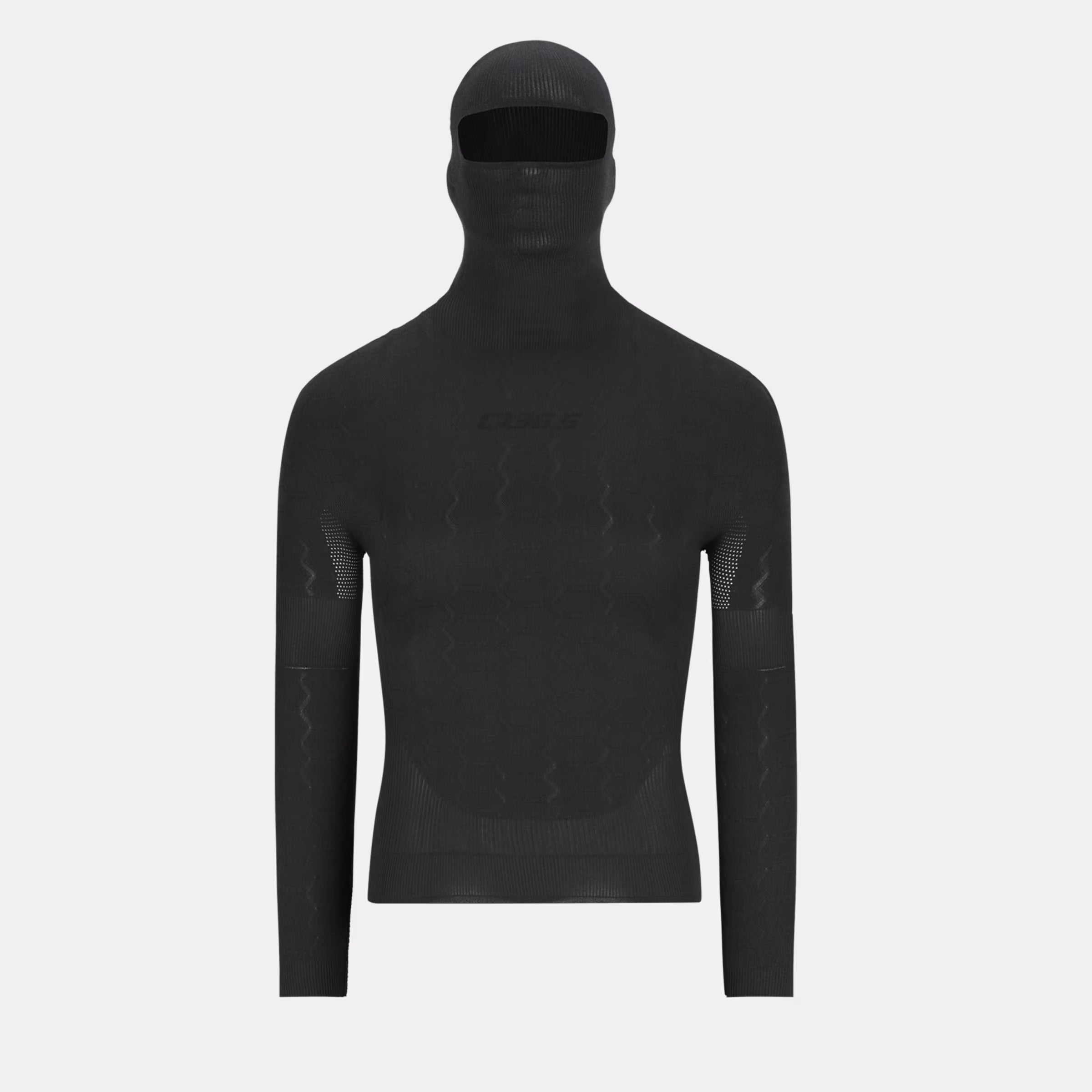 Q36.5 Base Layer 5 Plus Long Sleeve Hoodie - Black shown front view with integrated balaclava for full head coverage and thermal comfort