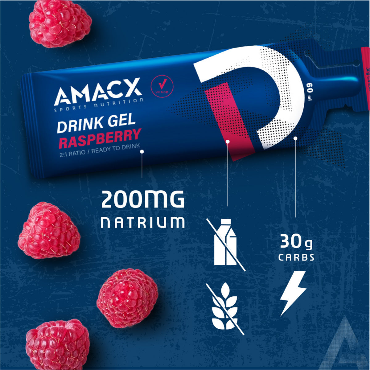 Amacx Drink Gel Raspberry packet on blue background with raspberries and nutrition facts icons