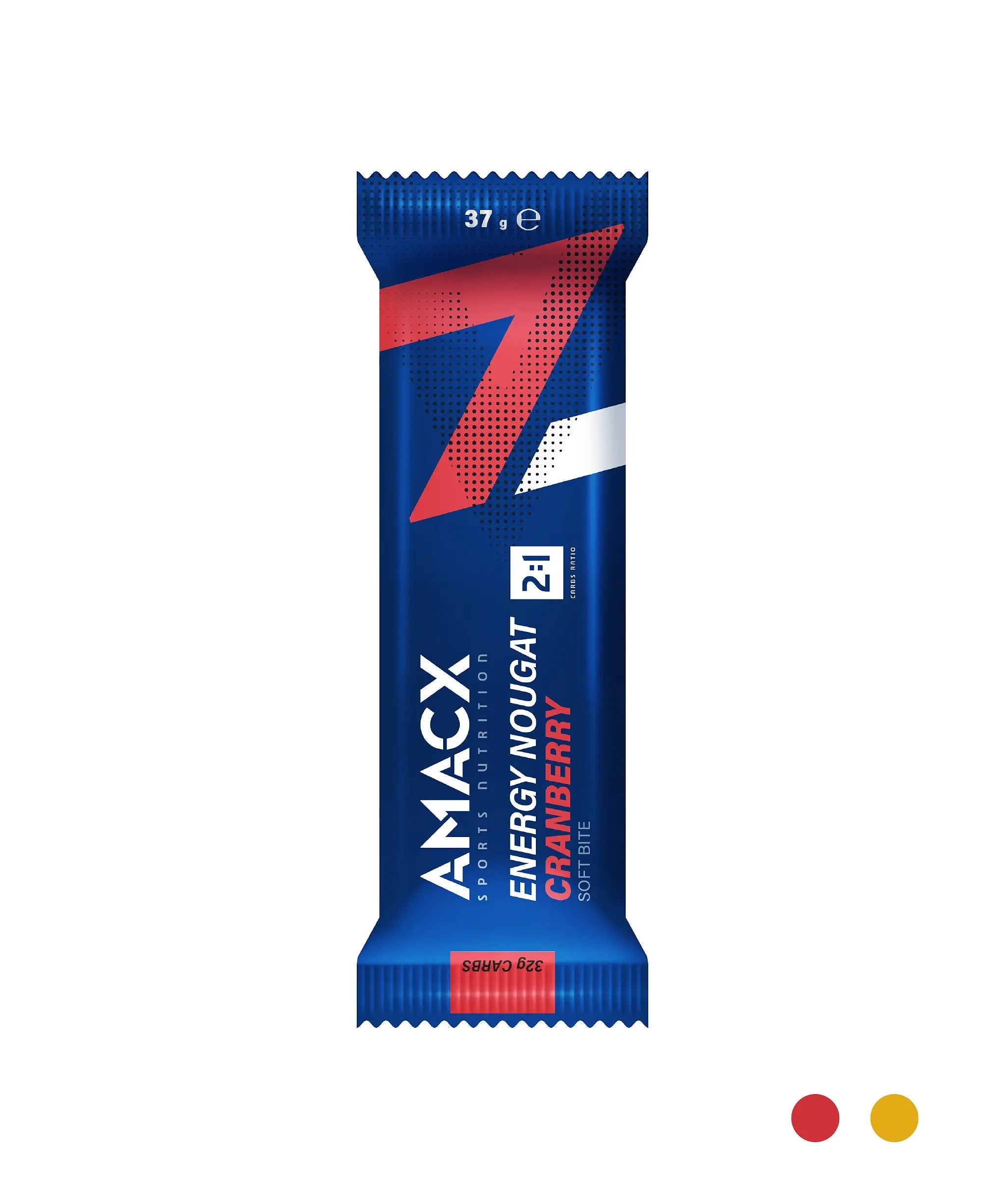 Energy Nougat Cranberry | 12 pack in portrait orientation showing blue and red packaging with 2:1 carbohydrate ratio branding