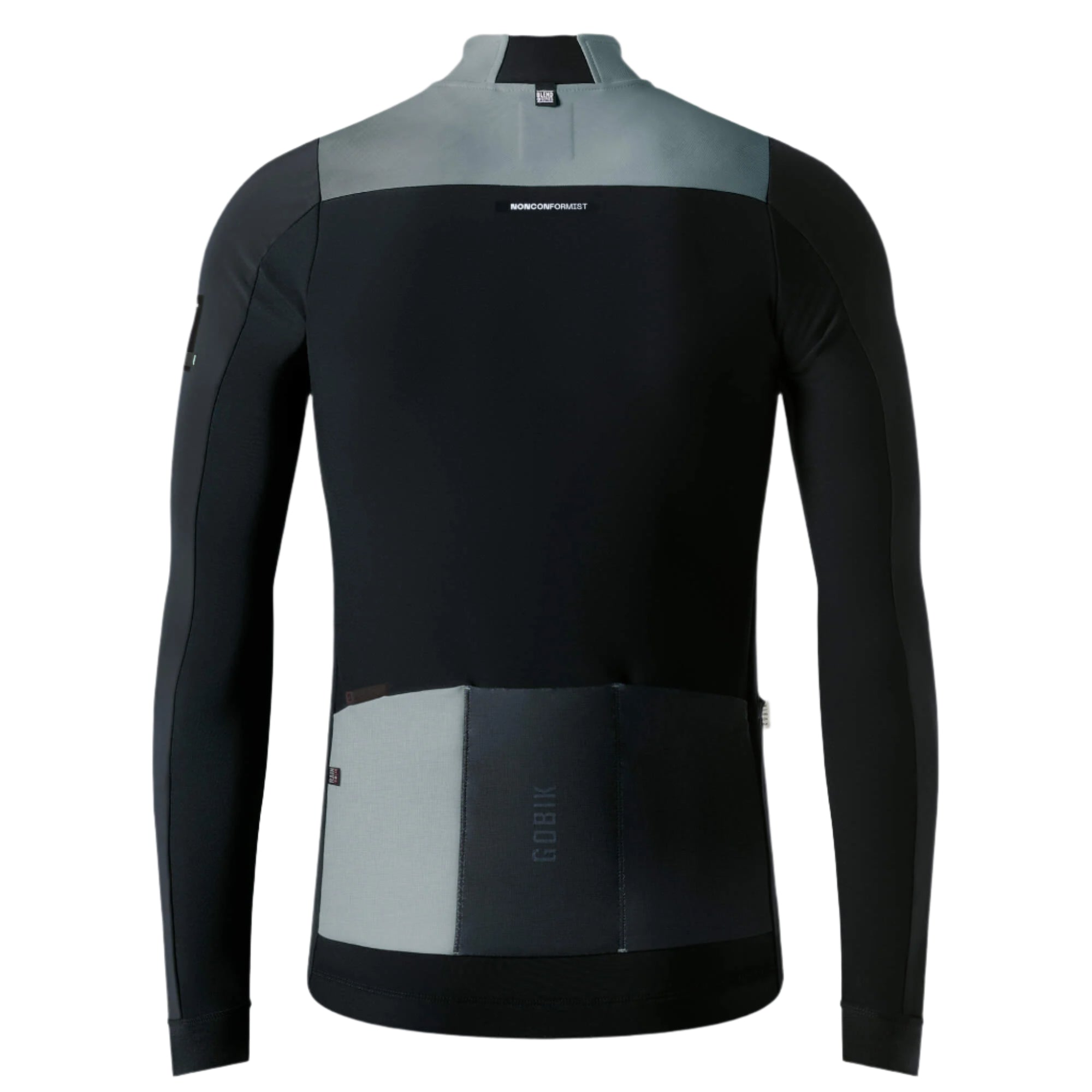Back view of GOBIK Mist Blend 2.0 Jacket - Men's showing color block design and rear storage pockets for cycling use