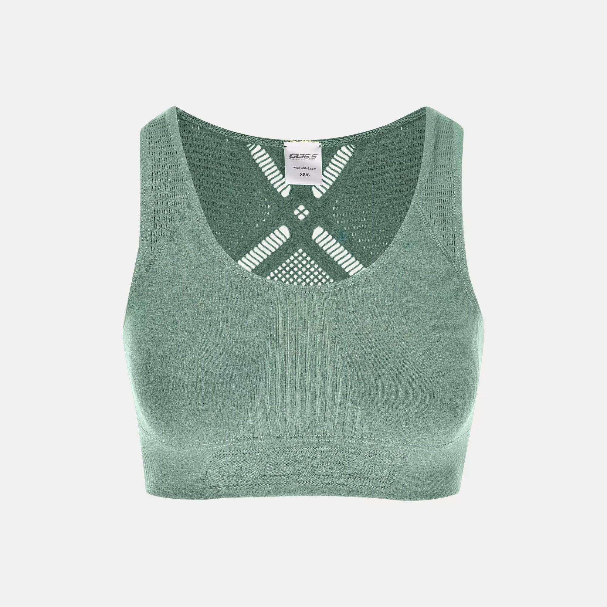 Q36.5 Seamless Bra - Olive Green with breathable mesh back and ribbed front detailing for comfort and support