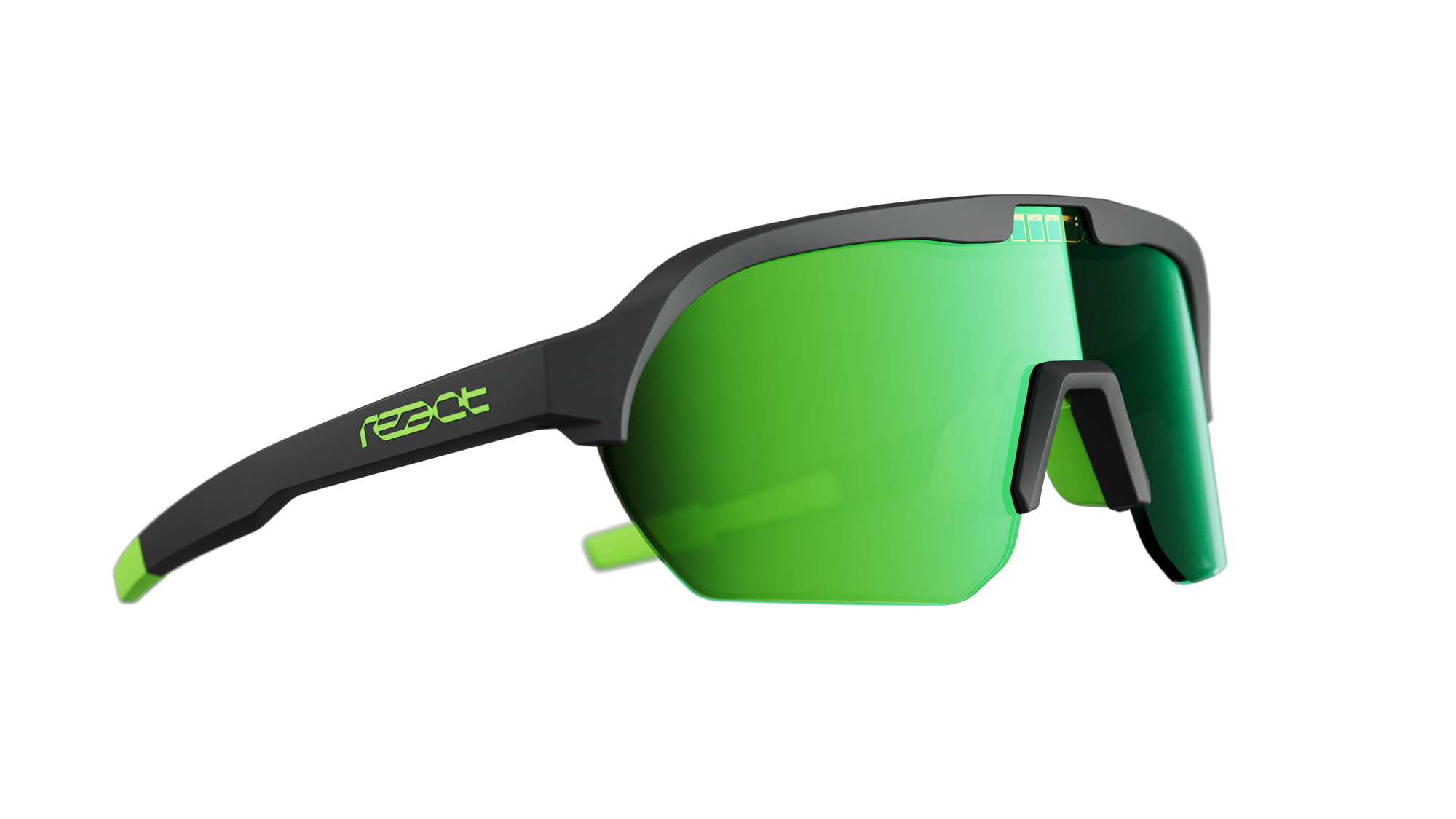 REACT Optray Sunglasses side view with green mirrored lenses and black frame featuring logo on temple arm