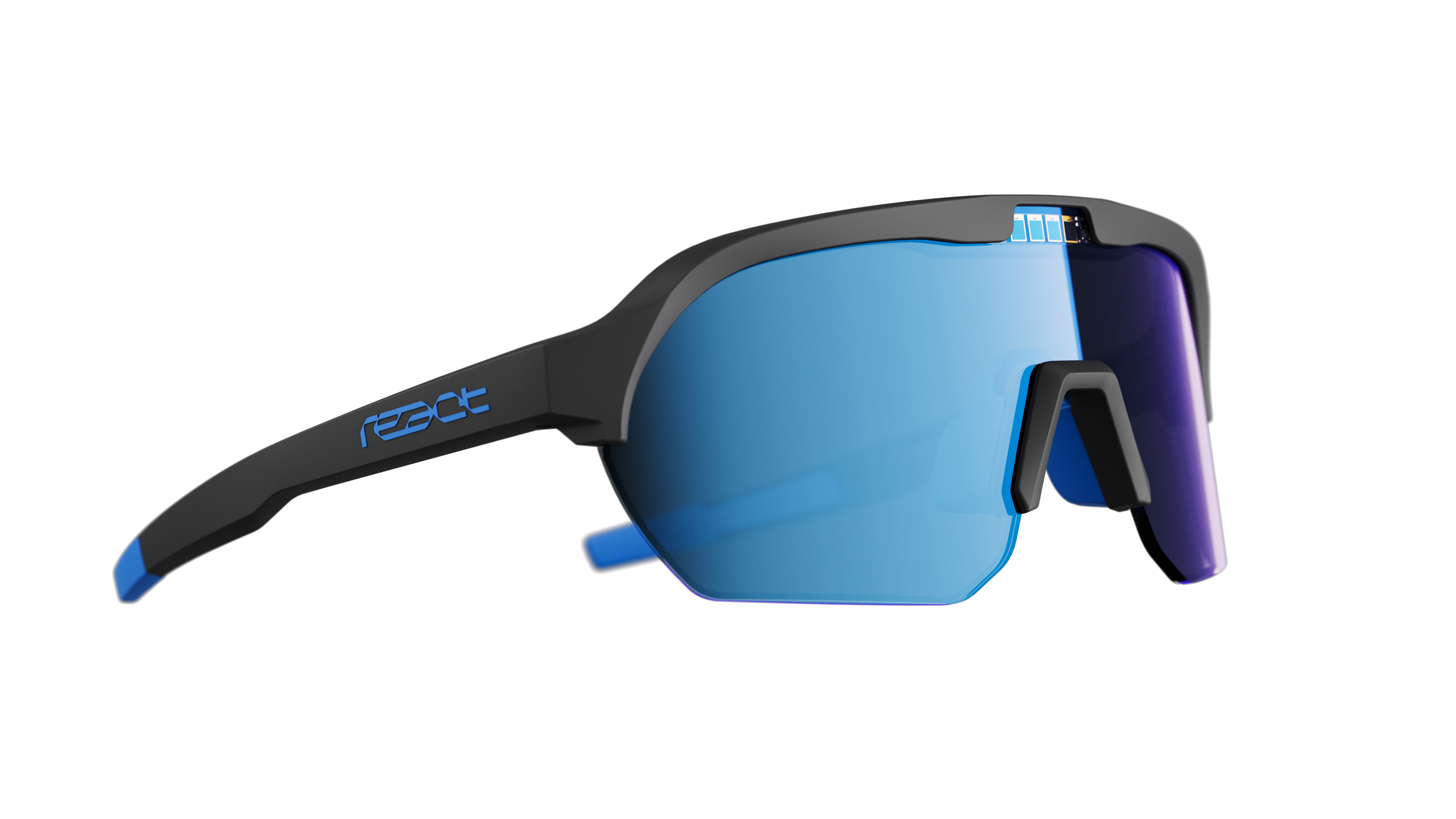 Side view of black and blue REACT Optray Sunglasses with reflective blue and purple lenses against white background