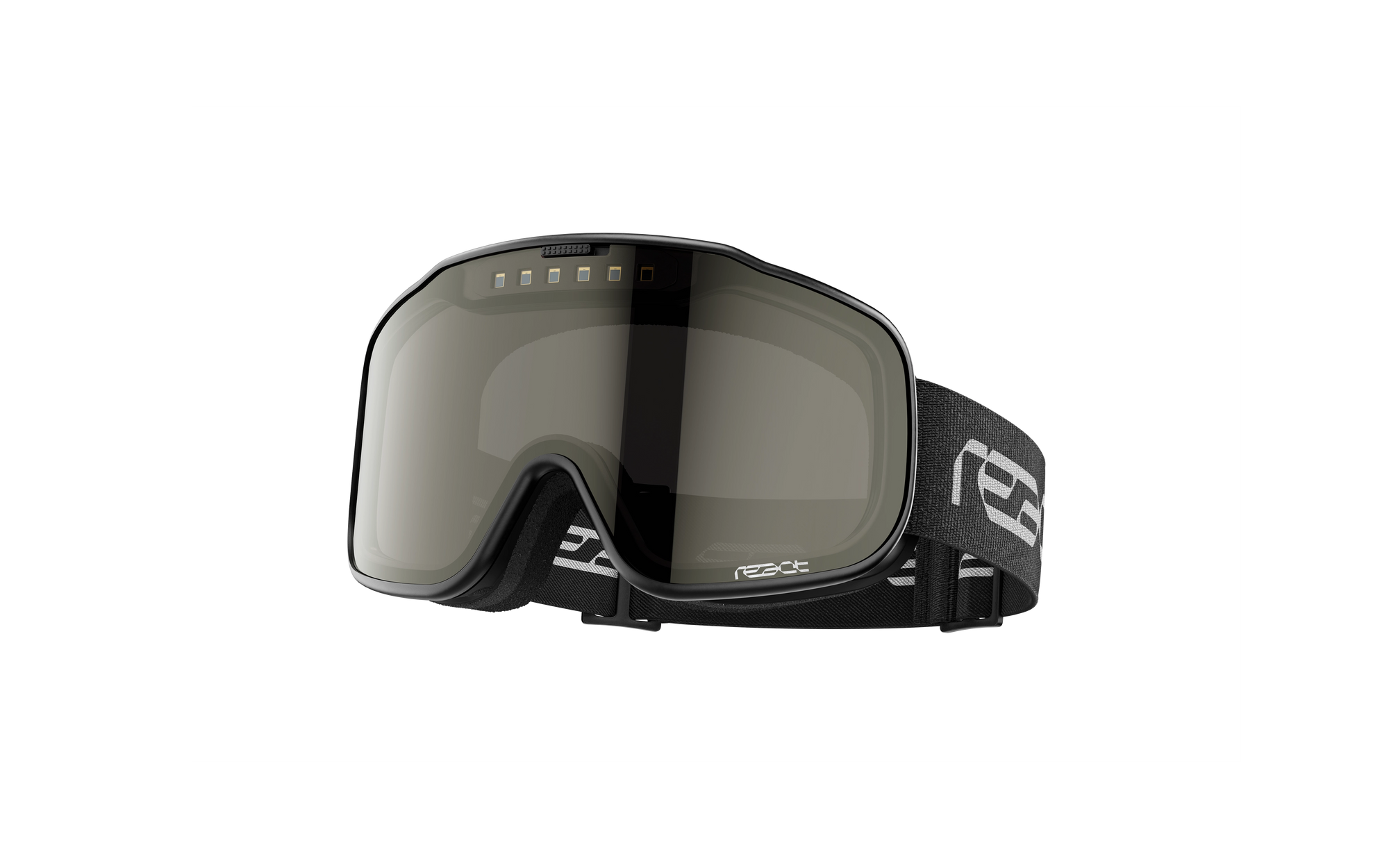 REACT Sight 2.0 Black Goggles angled view showing sleek black frame and tinted lens with branded adjustable strap