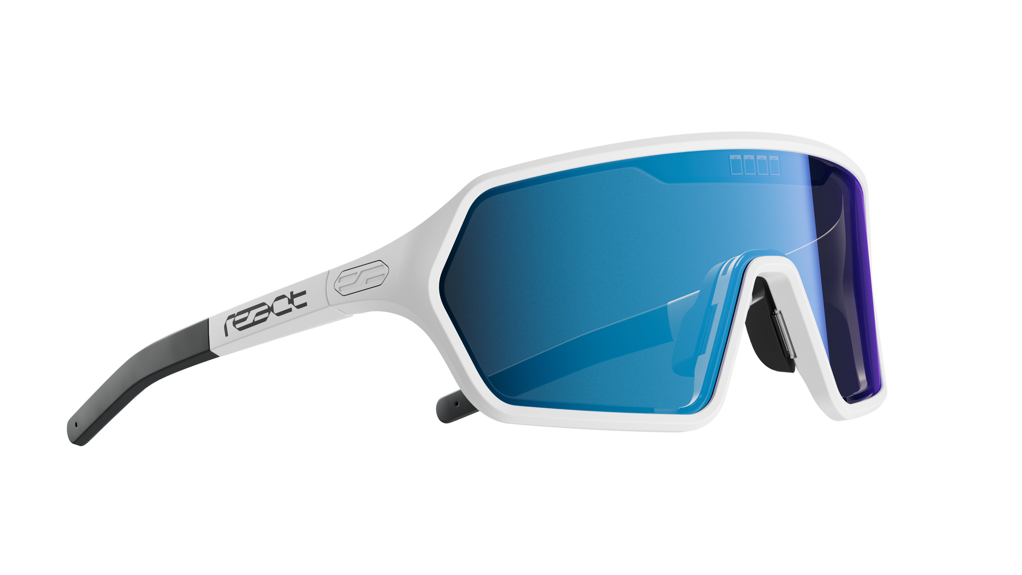 REACT Rev White Sunglasses with blue tinted lenses and adjustable temples designed for outdoor sports and driving