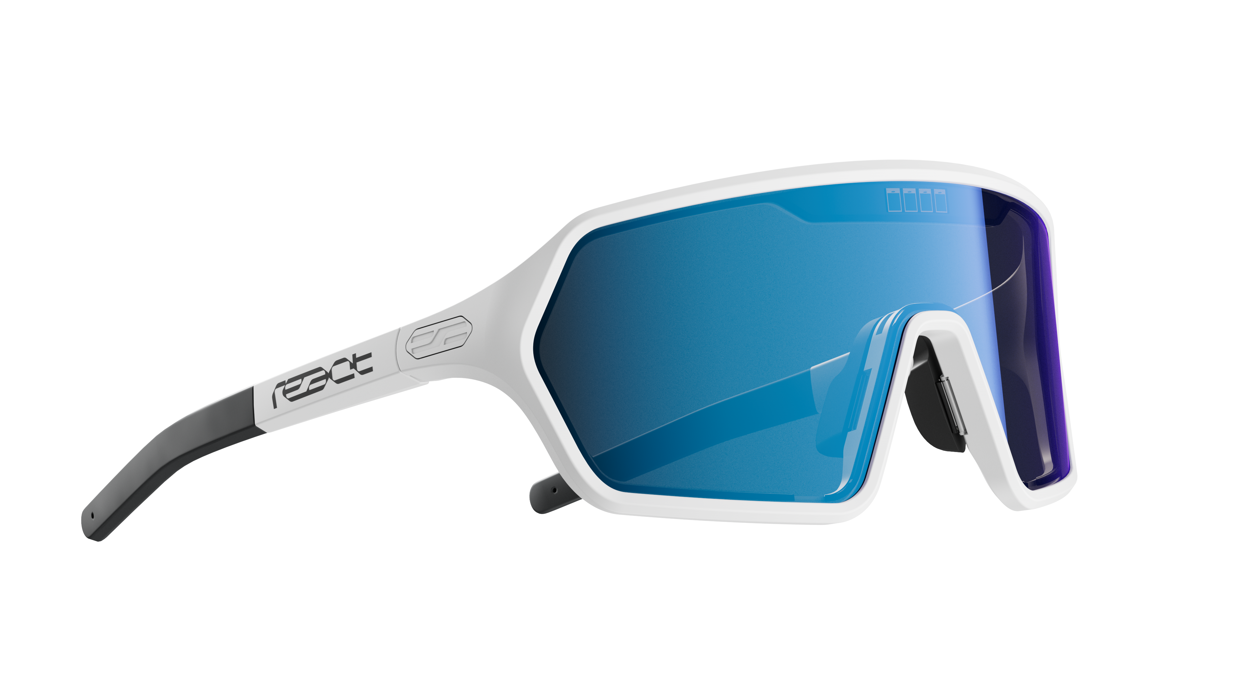 REACT Rev White Sunglasses with blue tinted lenses and adjustable temples designed for outdoor sports and driving