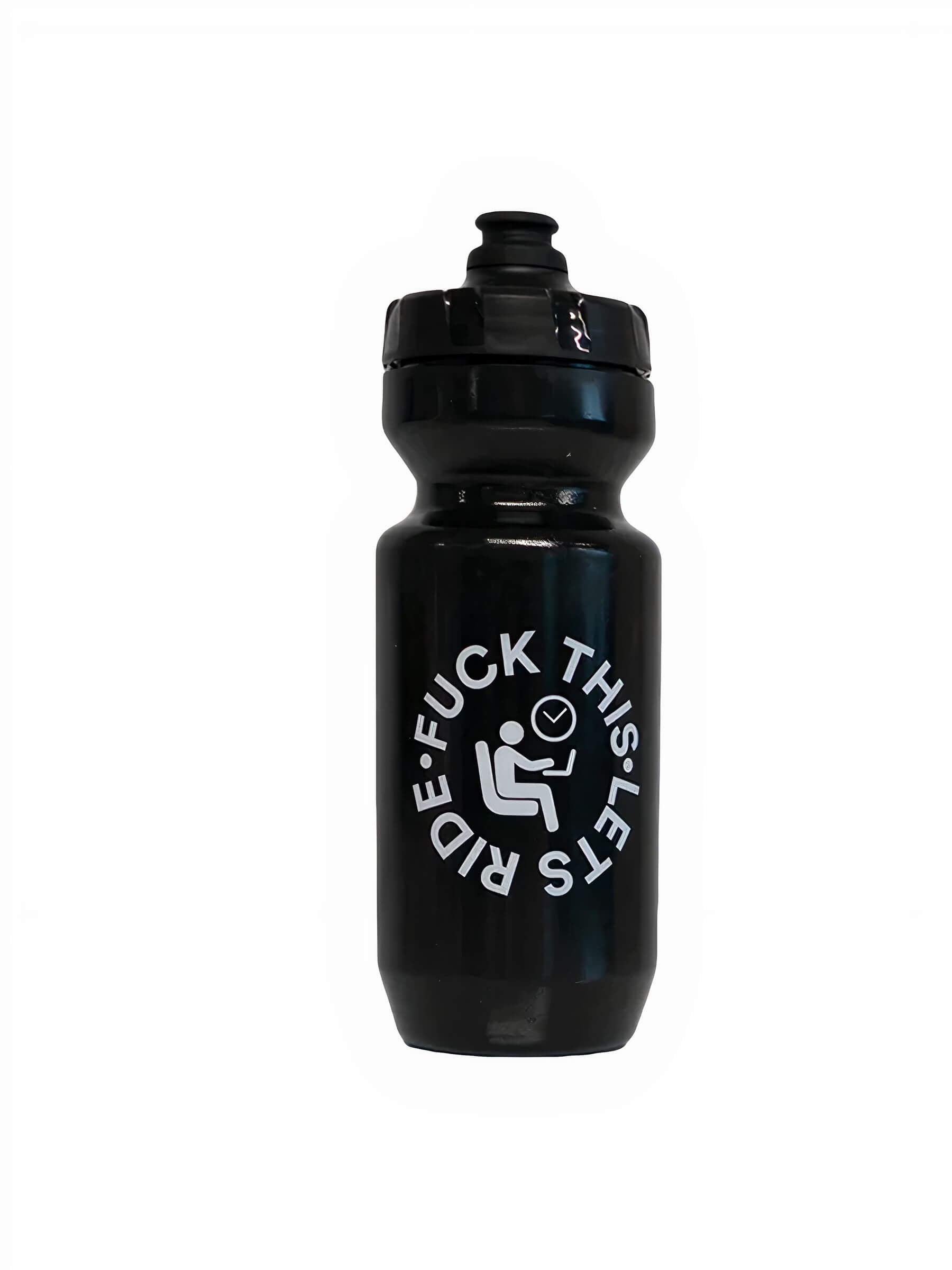 Black Ostroy F This Let's Ride Bottle with white circular logo and sports drinking cap on white background