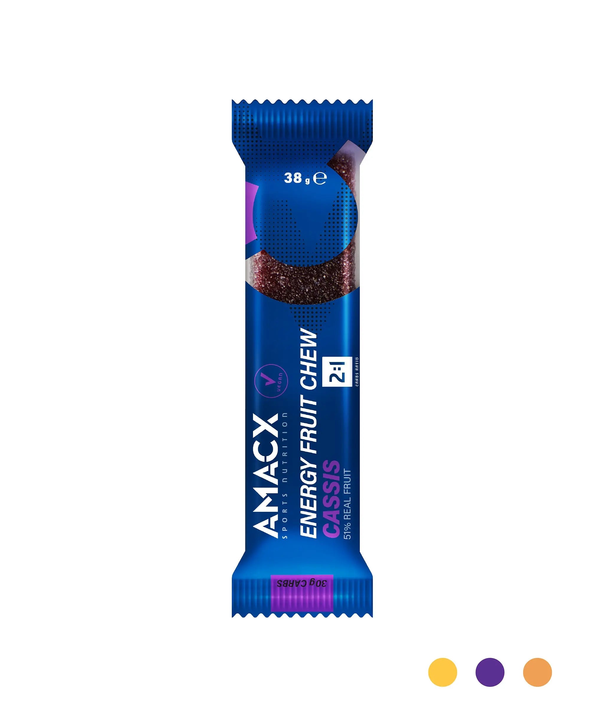 Energy Fruit Chew Cassis | 12 pack in portrait, blue wrapper with purple and white text, single candy bar shown upright
