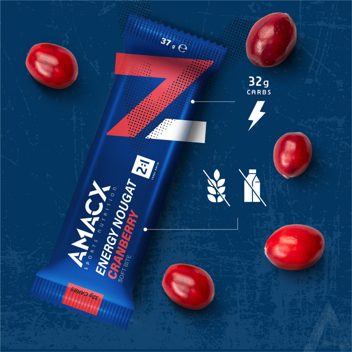 Amacx Energy Nougat Cranberry soft bite bar surrounded by fresh cranberries on blue background
