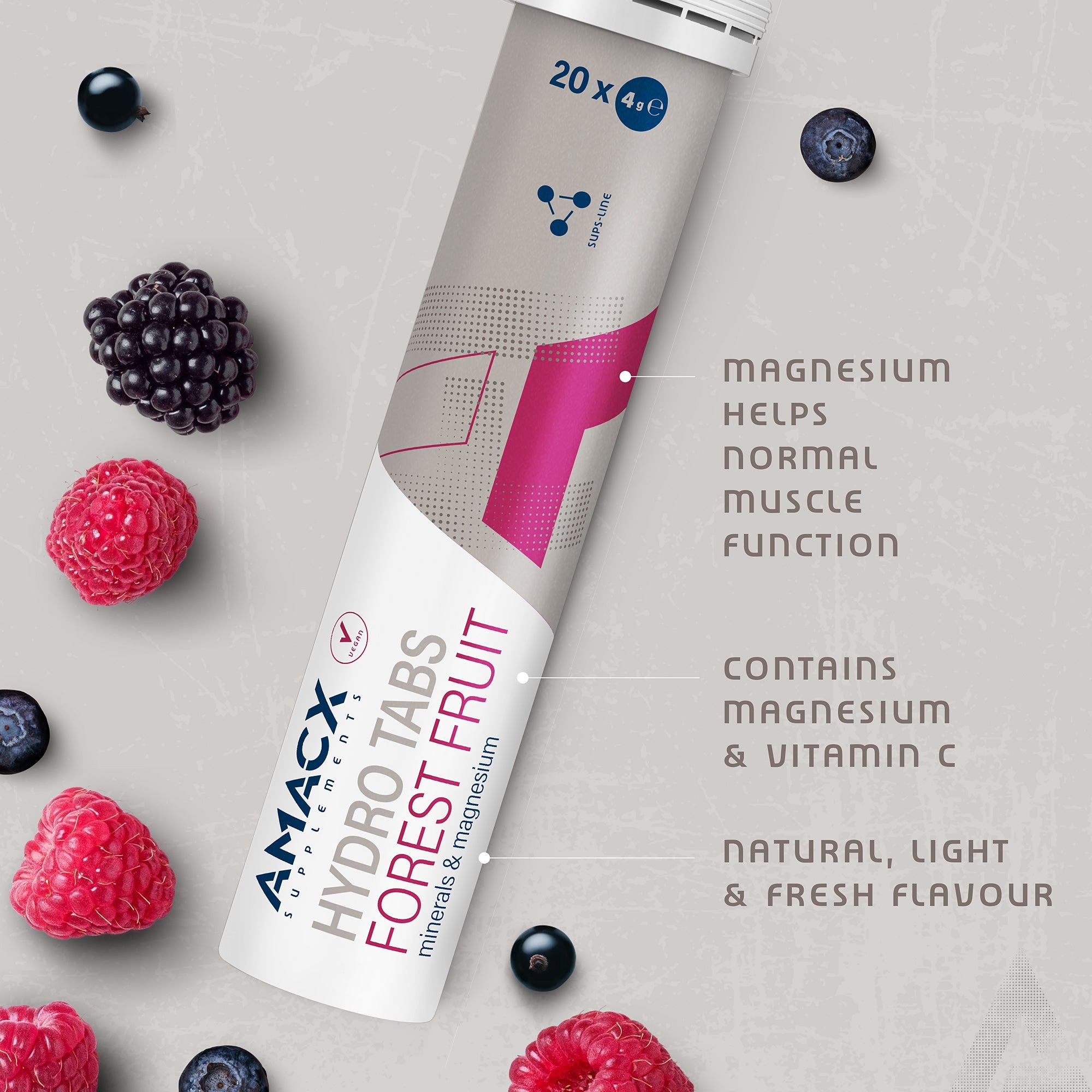 Amacx Hydro Tabs Forest Fruit tube surrounded by forest fruits highlighting magnesium and vitamin C benefits
