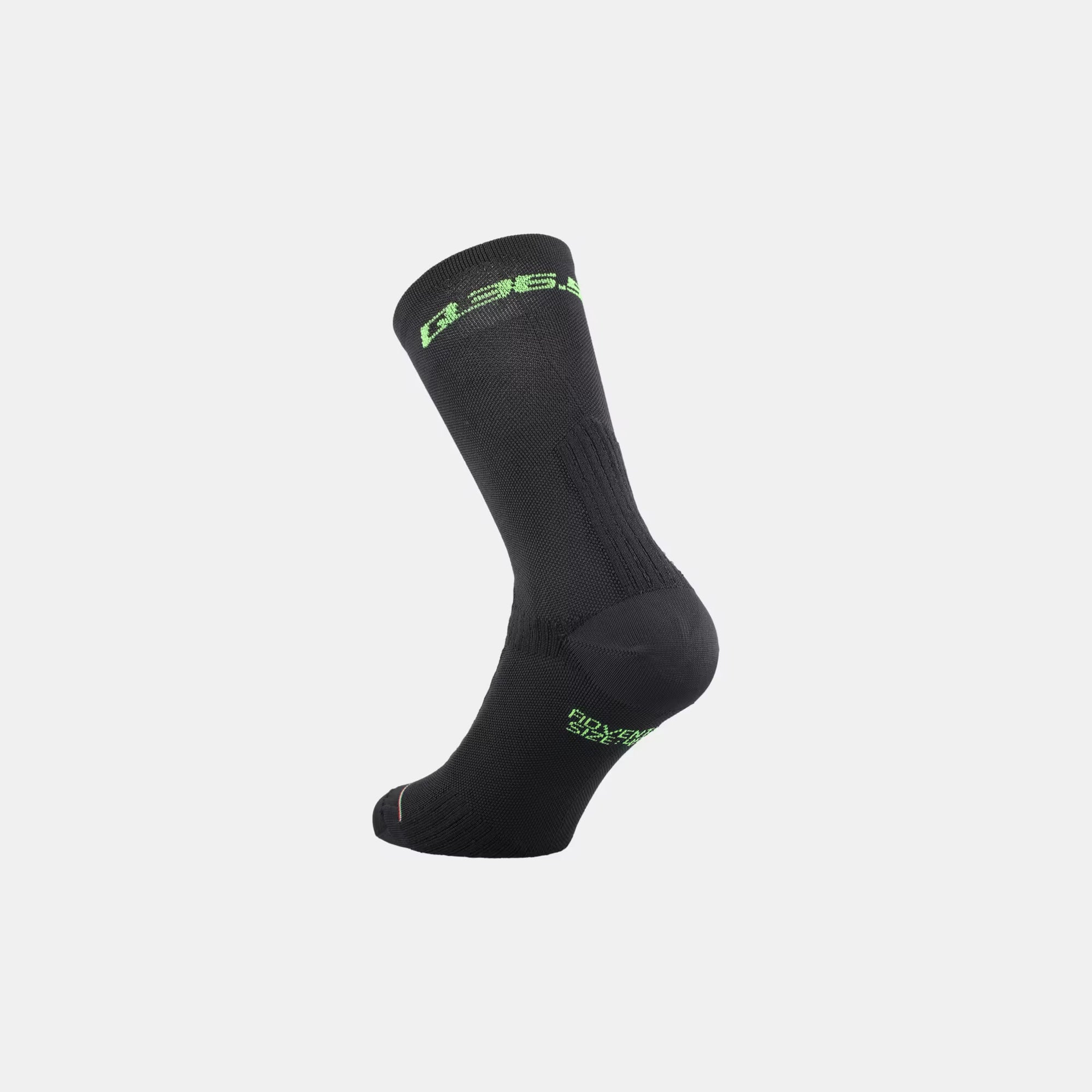 Q36.5 Adventure Insulation Socks - black showing green logo on cuff and heel with thermoregulating knit design