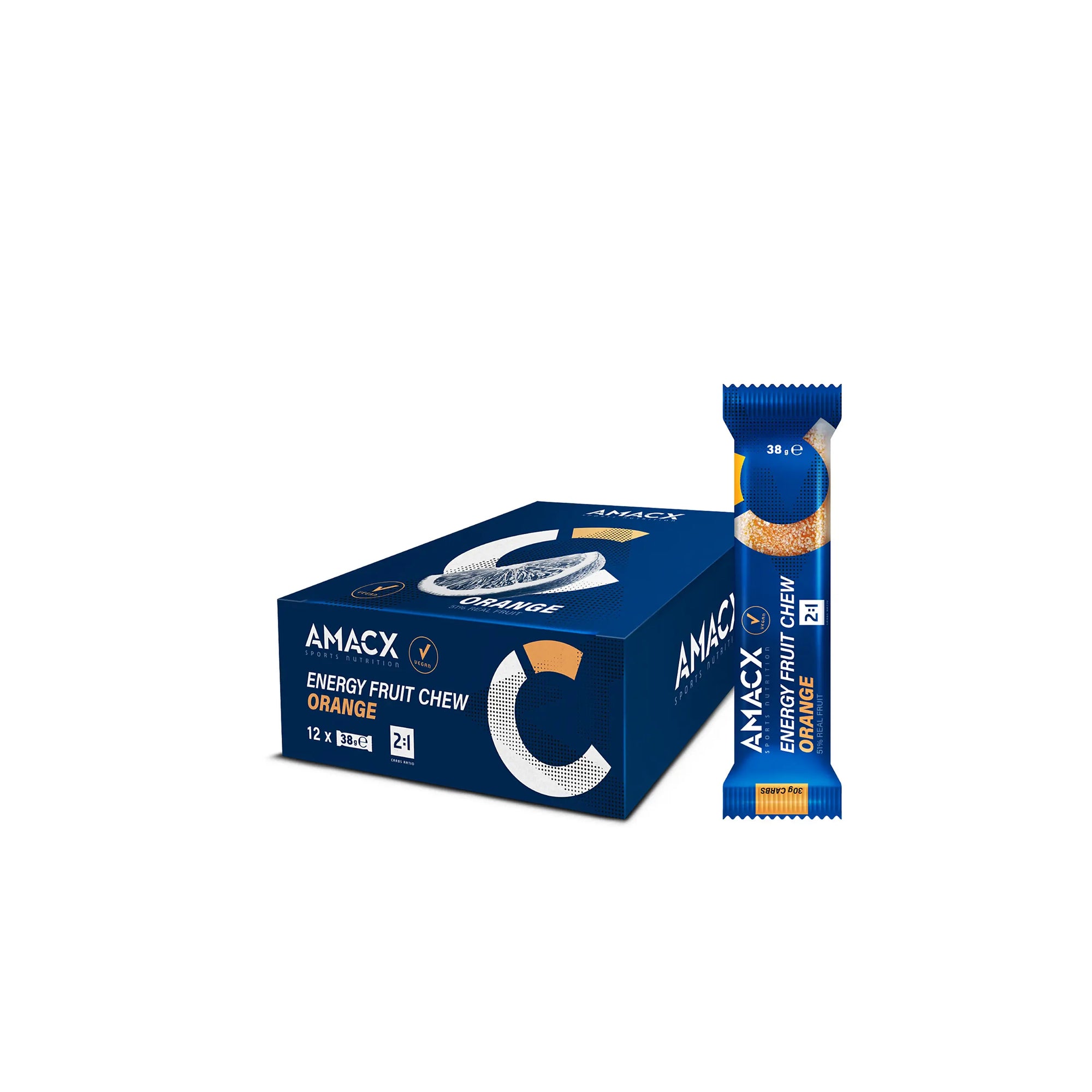 Energy Fruit Chew Orange | 12 pack showing box and single blue wrapper in gallery position 3 square image