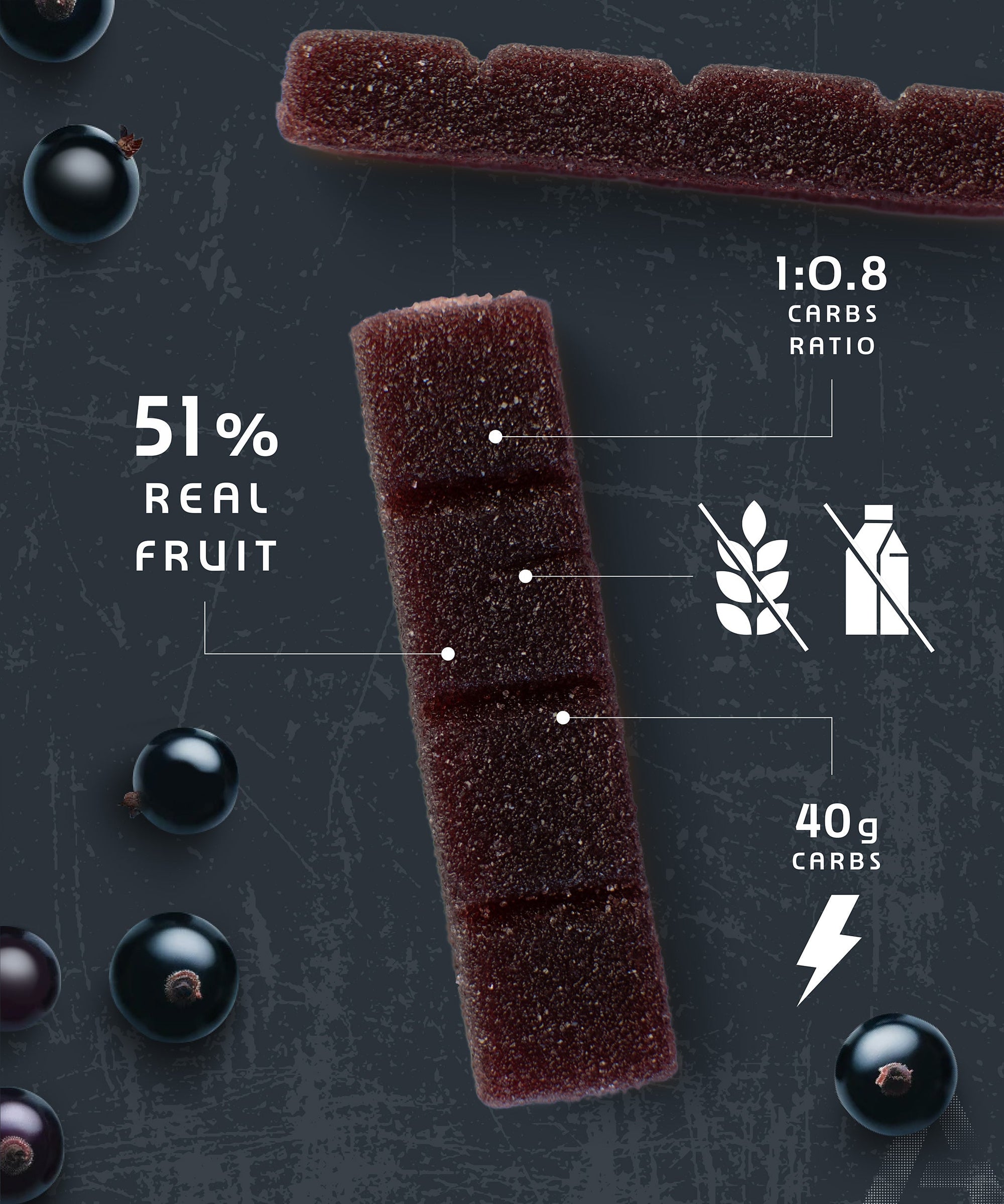 Turbo Fruit Chew Cassis | 12 Pack close-up showing fruit content and carb ratio in gallery position 4 portrait image