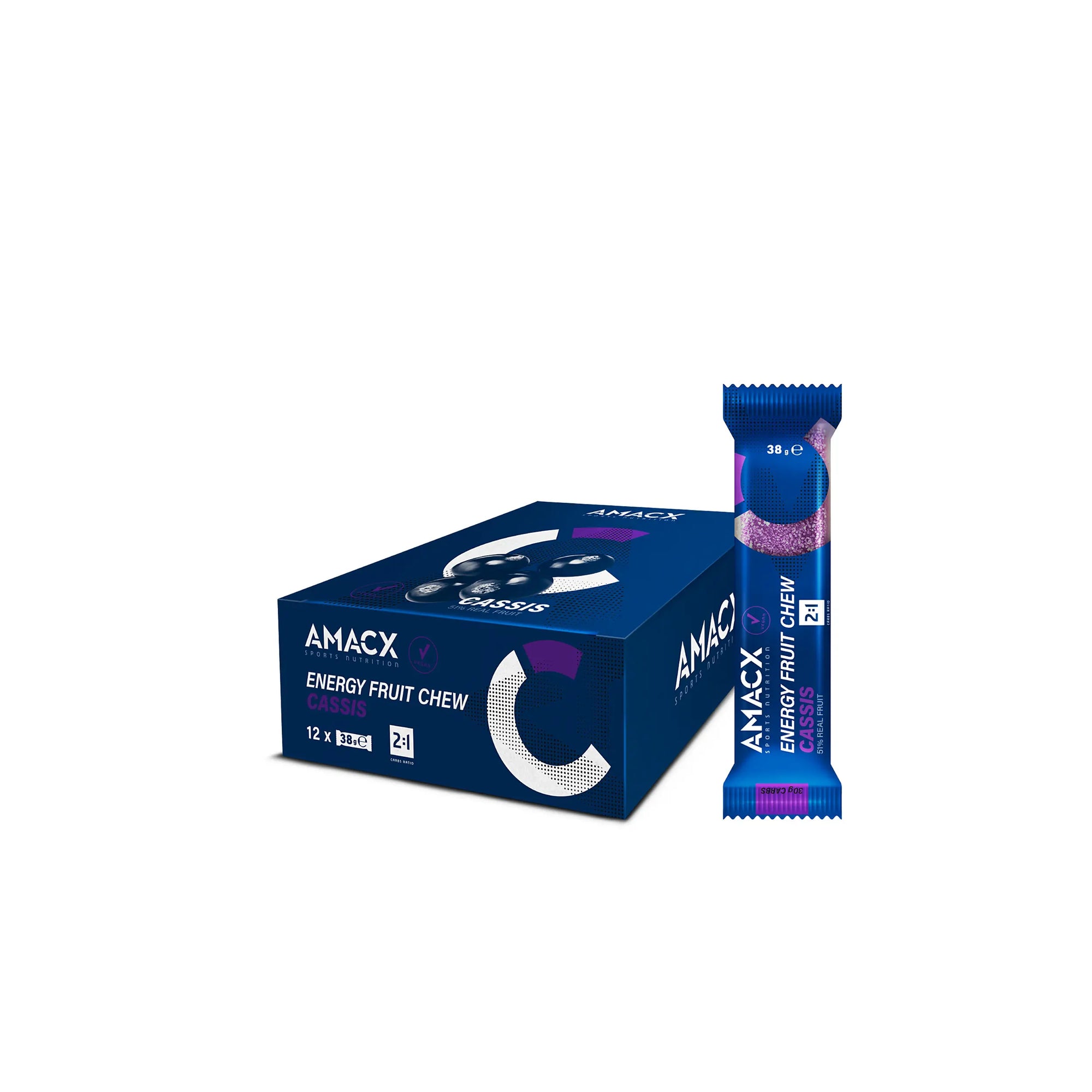 Energy Fruit Chew Cassis | 12 pack showing packaging box and individual chew in square 2500x2500 image gallery 6
