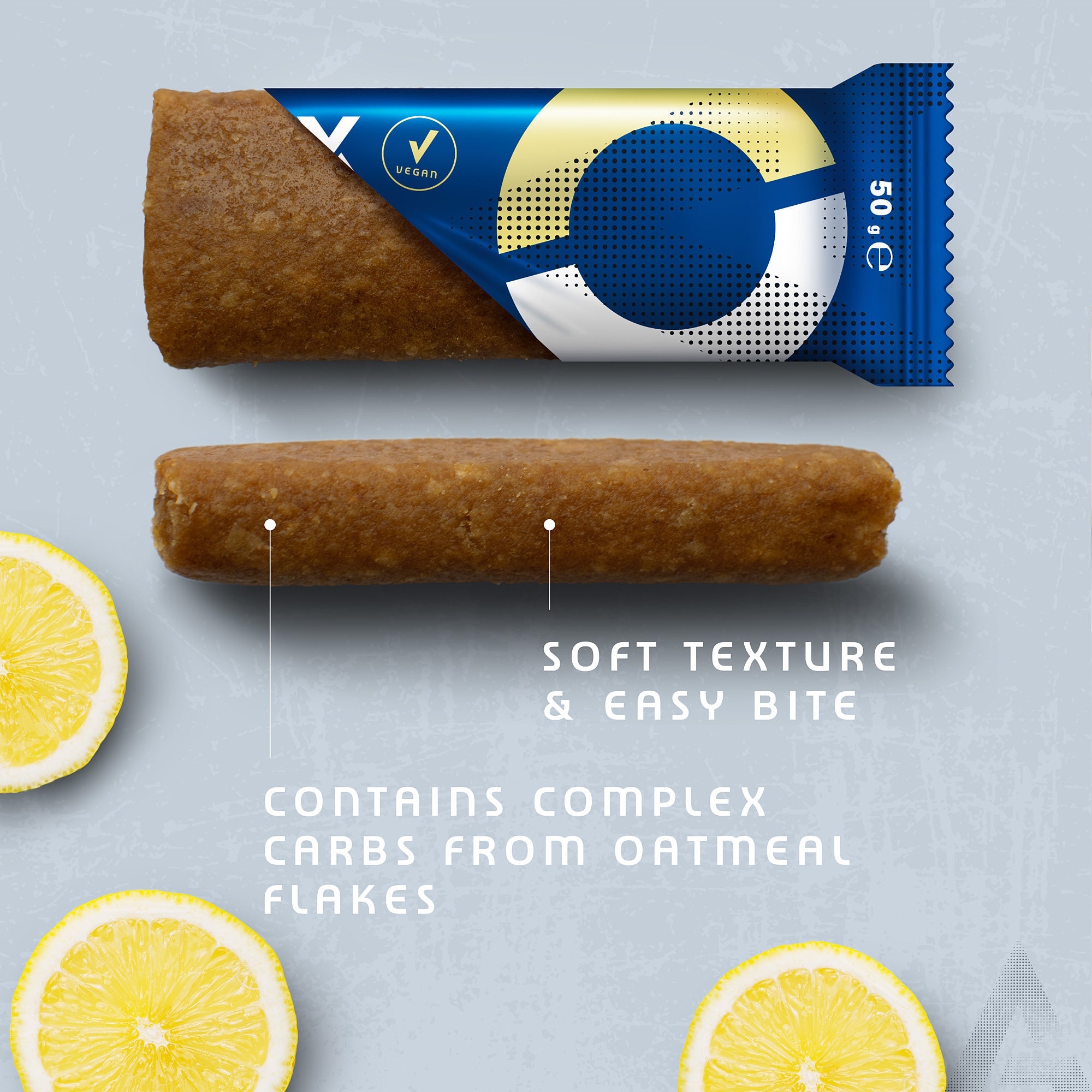 Amacx Energy Oat Bar Lemon with soft texture, easy bite, complex carbs from oatmeal flakes, and lemon slices nearby