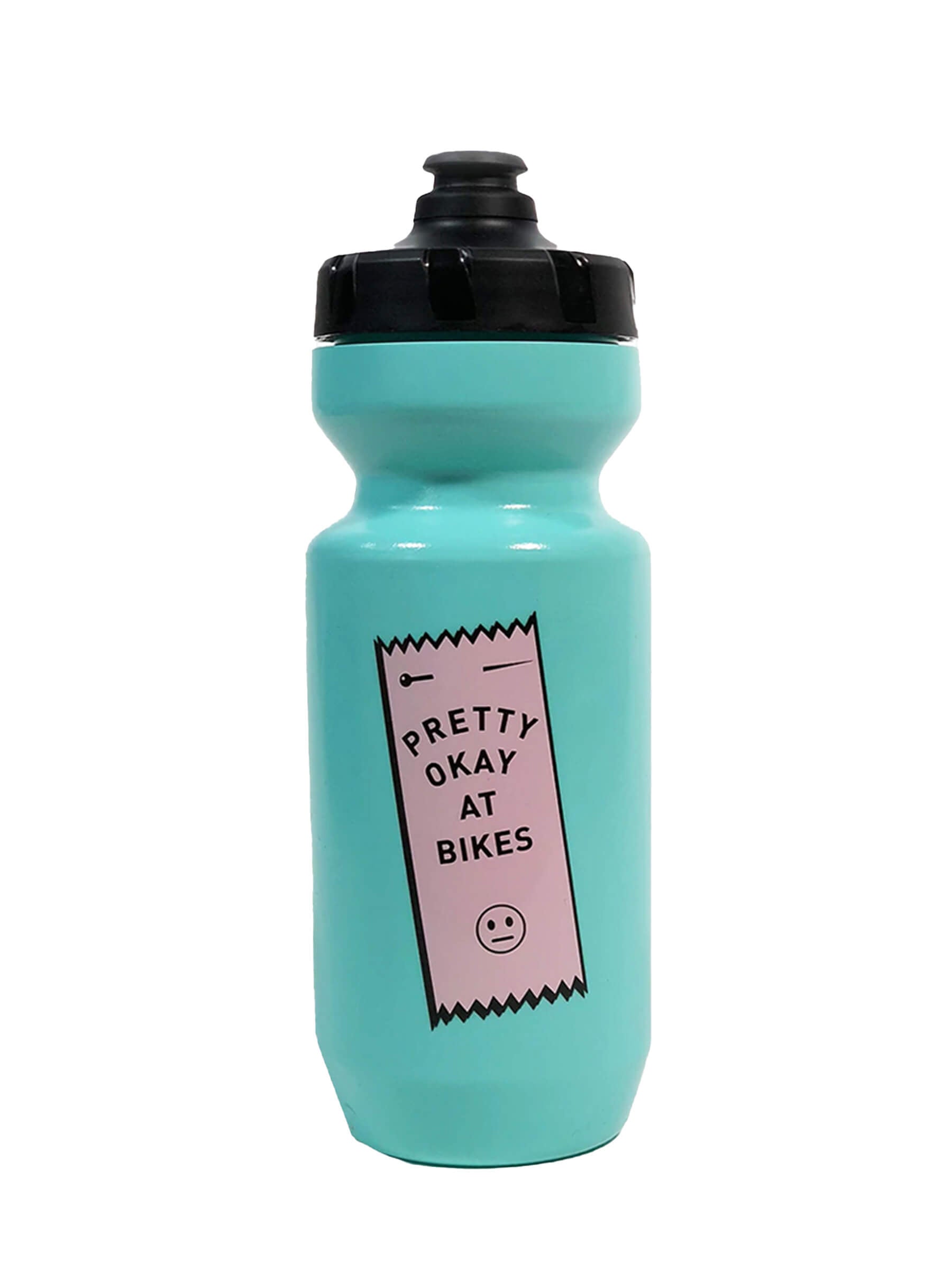 Ostroy Pretty Okay At Bikes™ Bottle in turquoise with black lid and playful graphic design on front