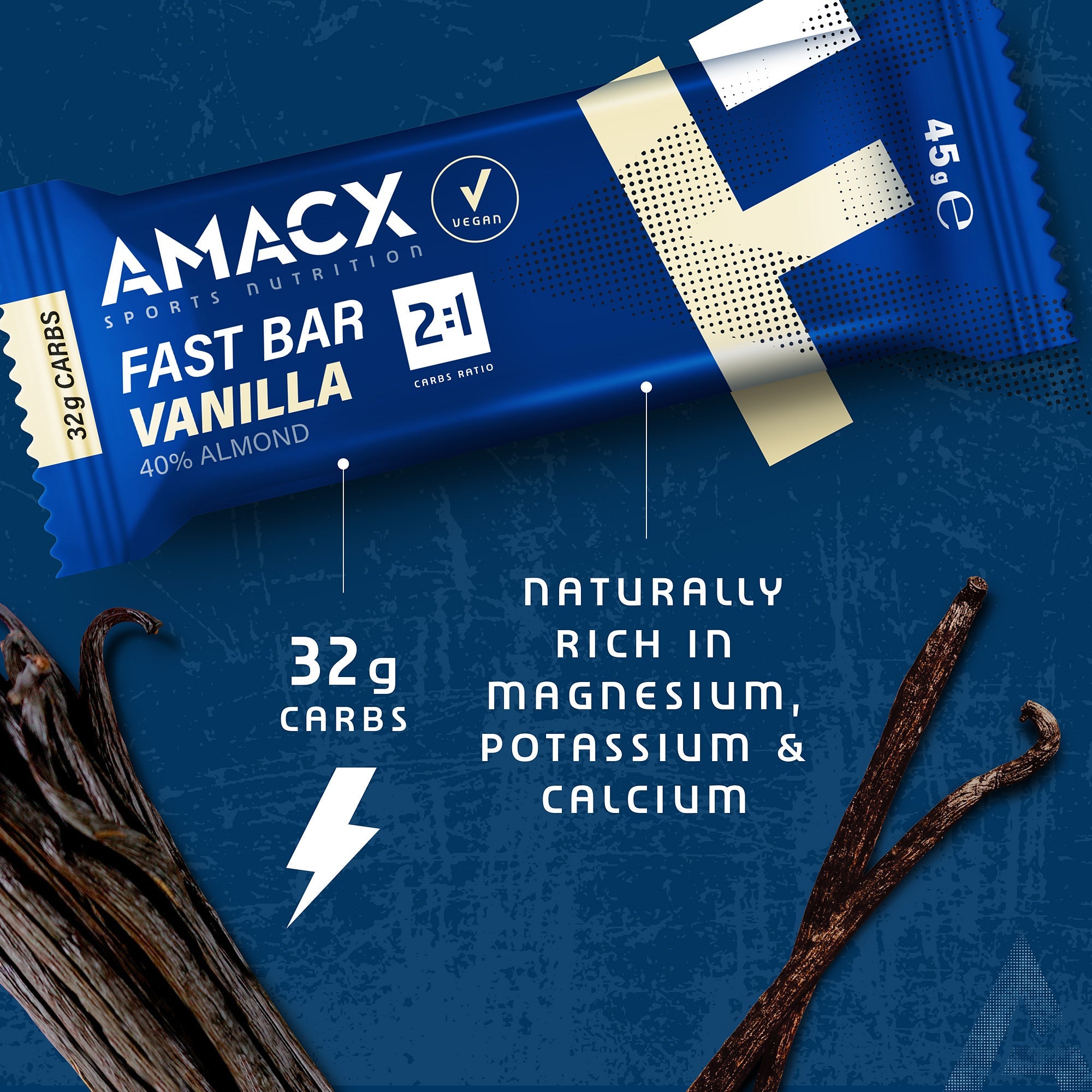Amacx Fast Bar Vanilla with 32g carbs, high in magnesium, potassium, calcium, and 40% almond content in blue packaging.