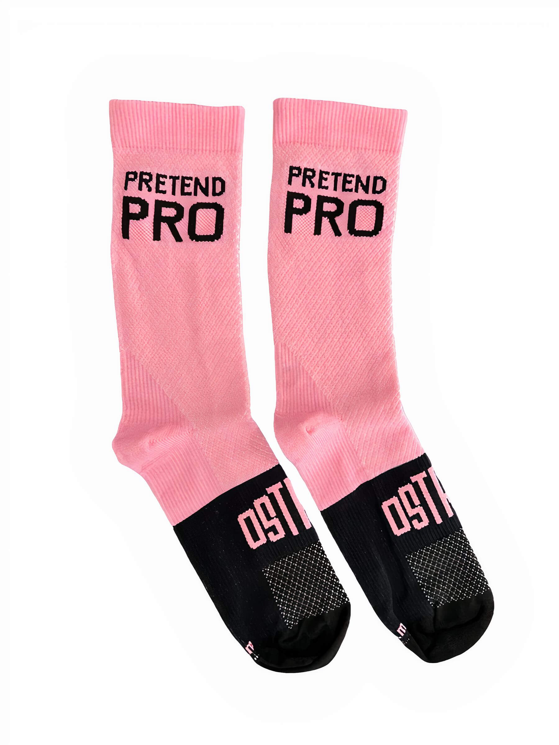 Pair of Ostroy Pretend Pro Pink Socks with black toe and cushioned sole laid flat on white background