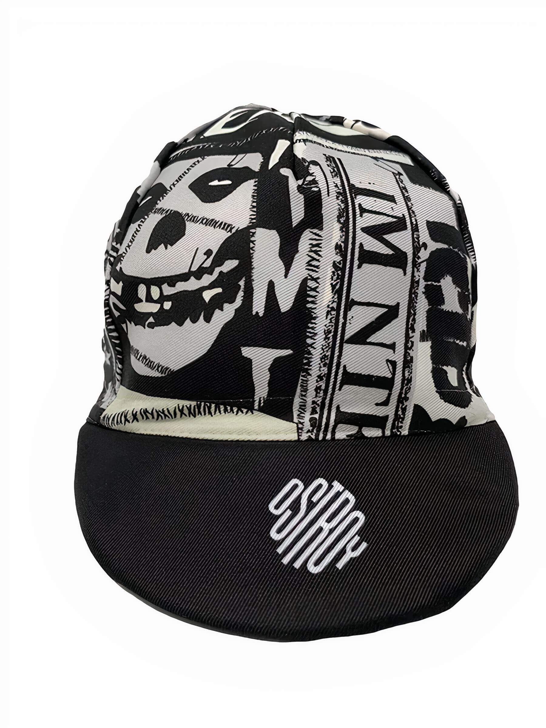 Front view of Ostroy Punk Cap featuring bold black and white graphic print with embroidered logo on black brim
